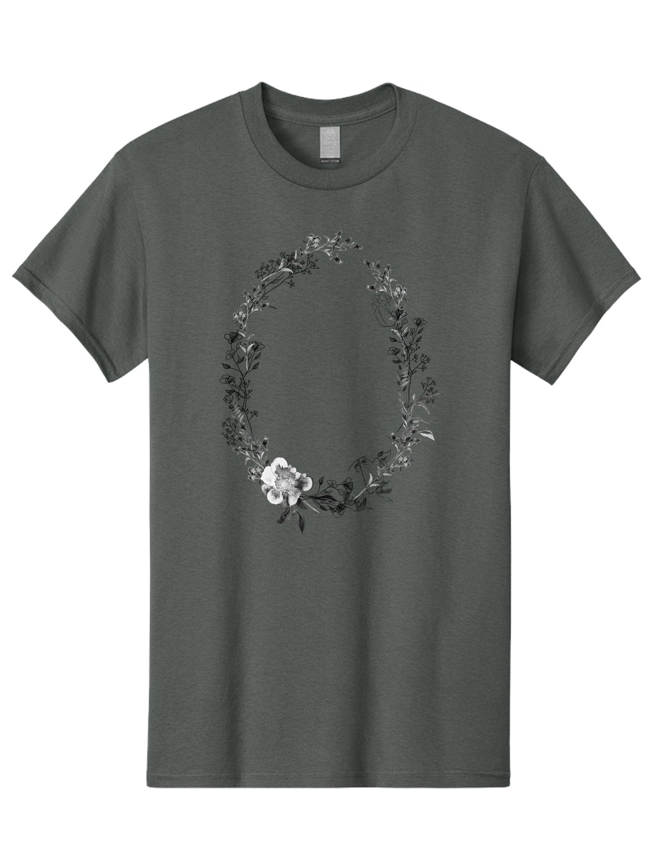 Floral-Wreath-1 Men'S Graphic Tee, 100% Cotton, Comfortable Casual Summer Wear, Machine Washable, Floral Wreath, Circular Frame, Wildflowers, Botanical Illustration, Delicate Flowers, Elegant Design, Black And White Flowers, Vintage Style Aac309 11
