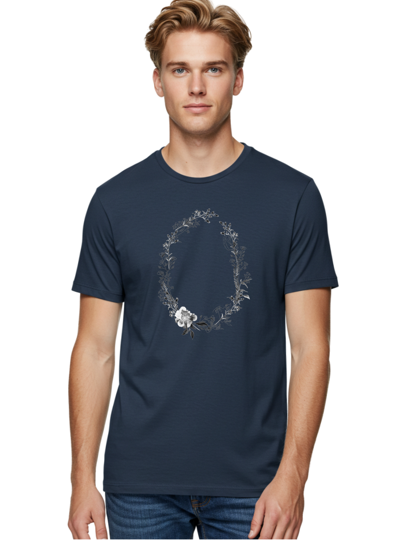 Floral-Wreath-1 Men'S Graphic Tee, 100% Cotton, Comfortable Casual Summer Wear, Machine Washable, Floral Wreath, Circular Frame, Wildflowers, Botanical Illustration, Delicate Flowers, Elegant Design, Black And White Flowers, Vintage Style Aac309 10