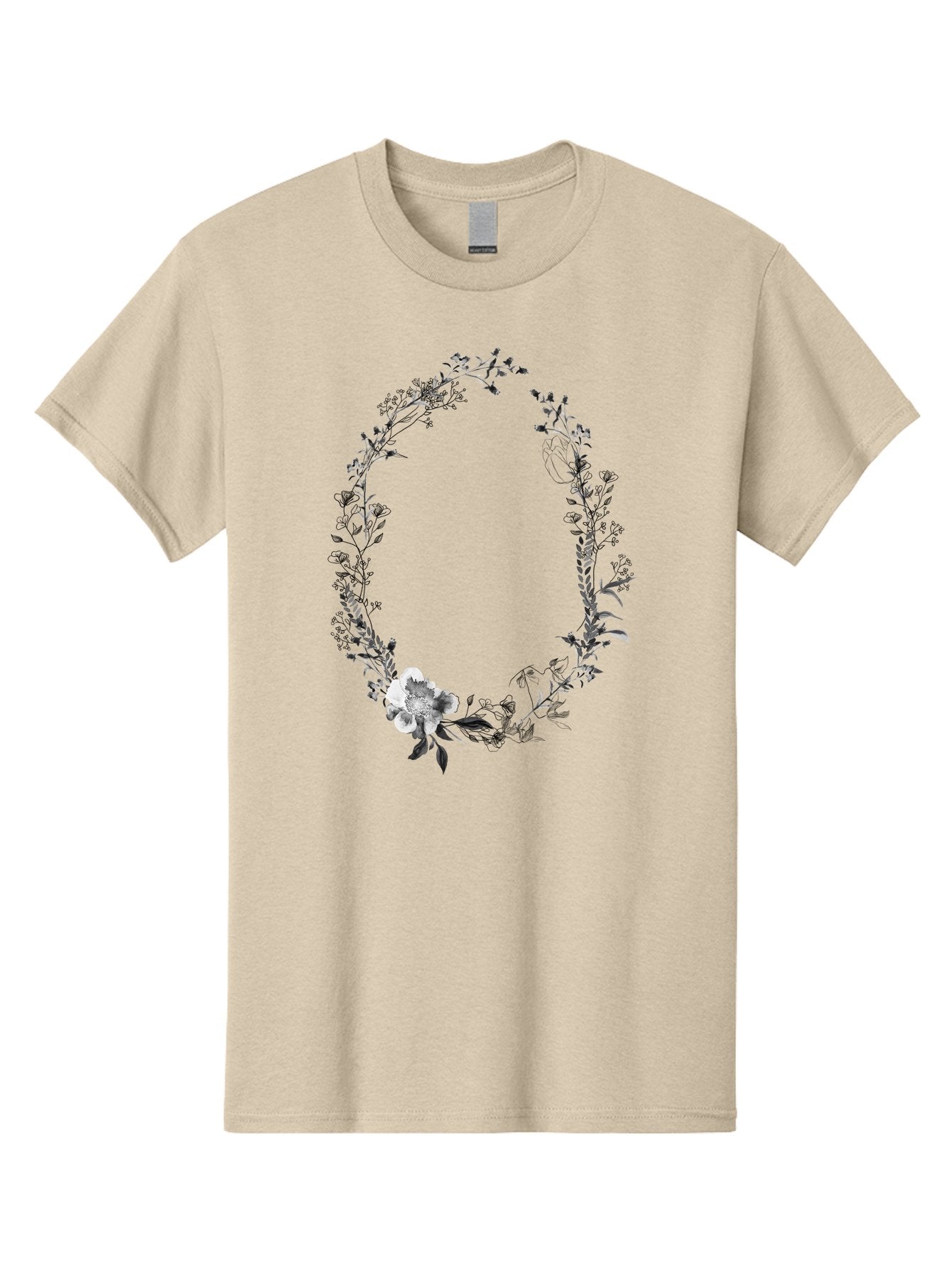 Floral-Wreath-1 Men'S Graphic Tee, 100% Cotton, Comfortable Casual Summer Wear, Machine Washable, Floral Wreath, Circular Frame, Wildflowers, Botanical Illustration, Delicate Flowers, Elegant Design, Black And White Flowers, Vintage Style Aac309 13