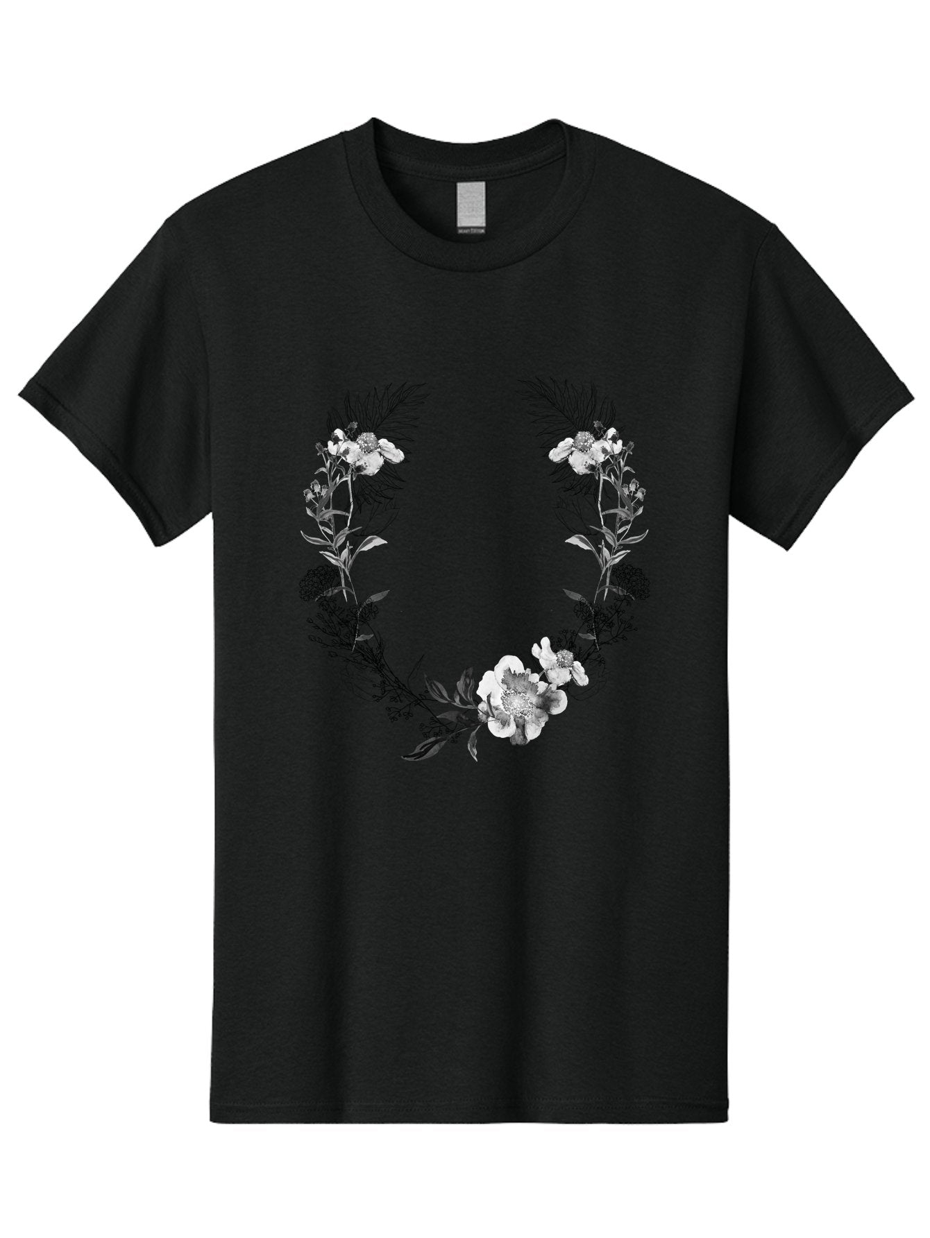 Floral-Wreath-2 Men'S Graphic Tee, 100% Cotton, Comfortable Casual Summer Wear, Machine Washable, Floral Wreath, Flowers And Leaves, Black And White Illustration, Delicate Botanicals, Floral Arrangement, Vintage Style, Elegant Design, Aac310 9