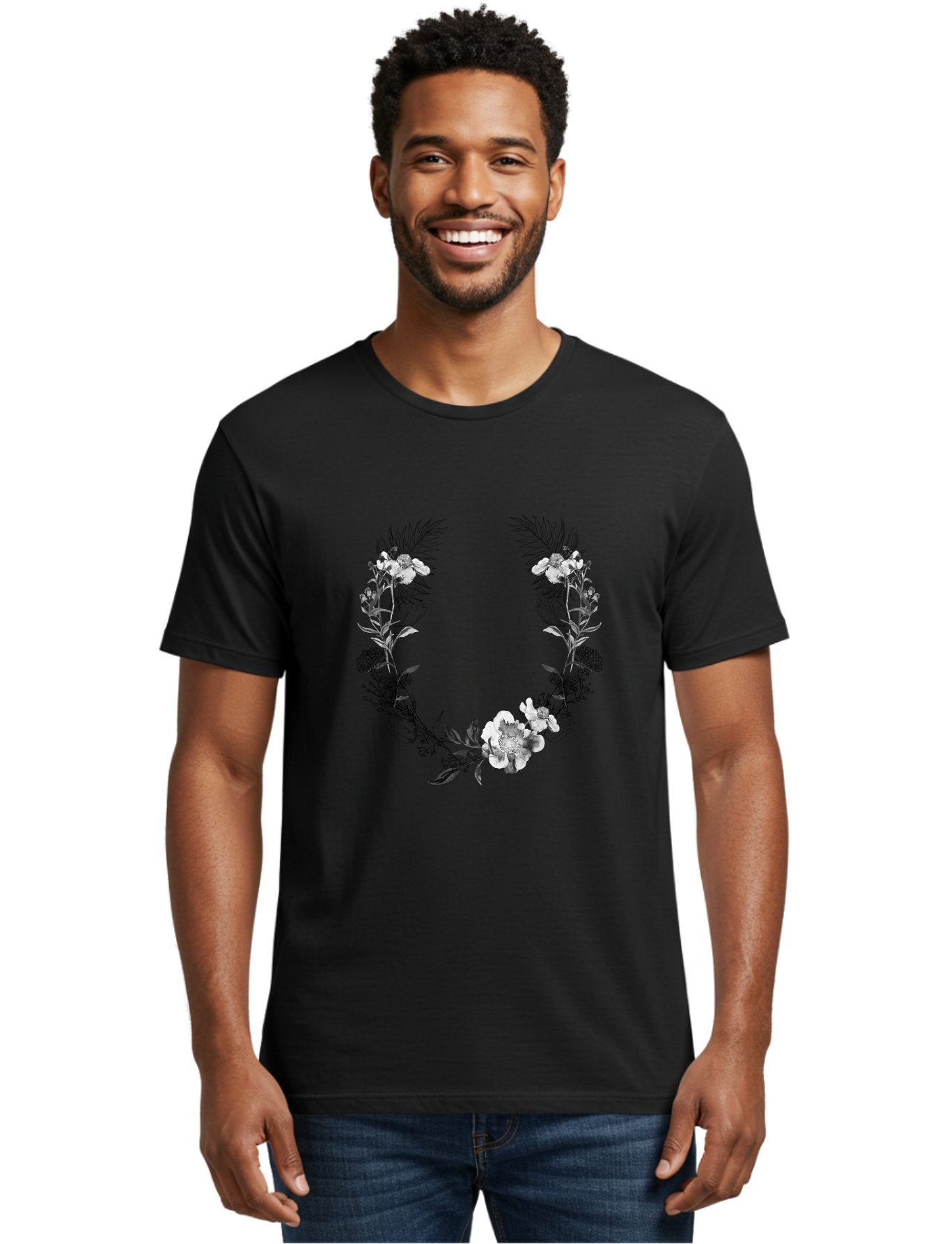 Floral-Wreath-2 Men'S Graphic Tee, 100% Cotton, Comfortable Casual Summer Wear, Machine Washable, Floral Wreath, Flowers And Leaves, Black And White Illustration, Delicate Botanicals, Floral Arrangement, Vintage Style, Elegant Design, Aac310 26