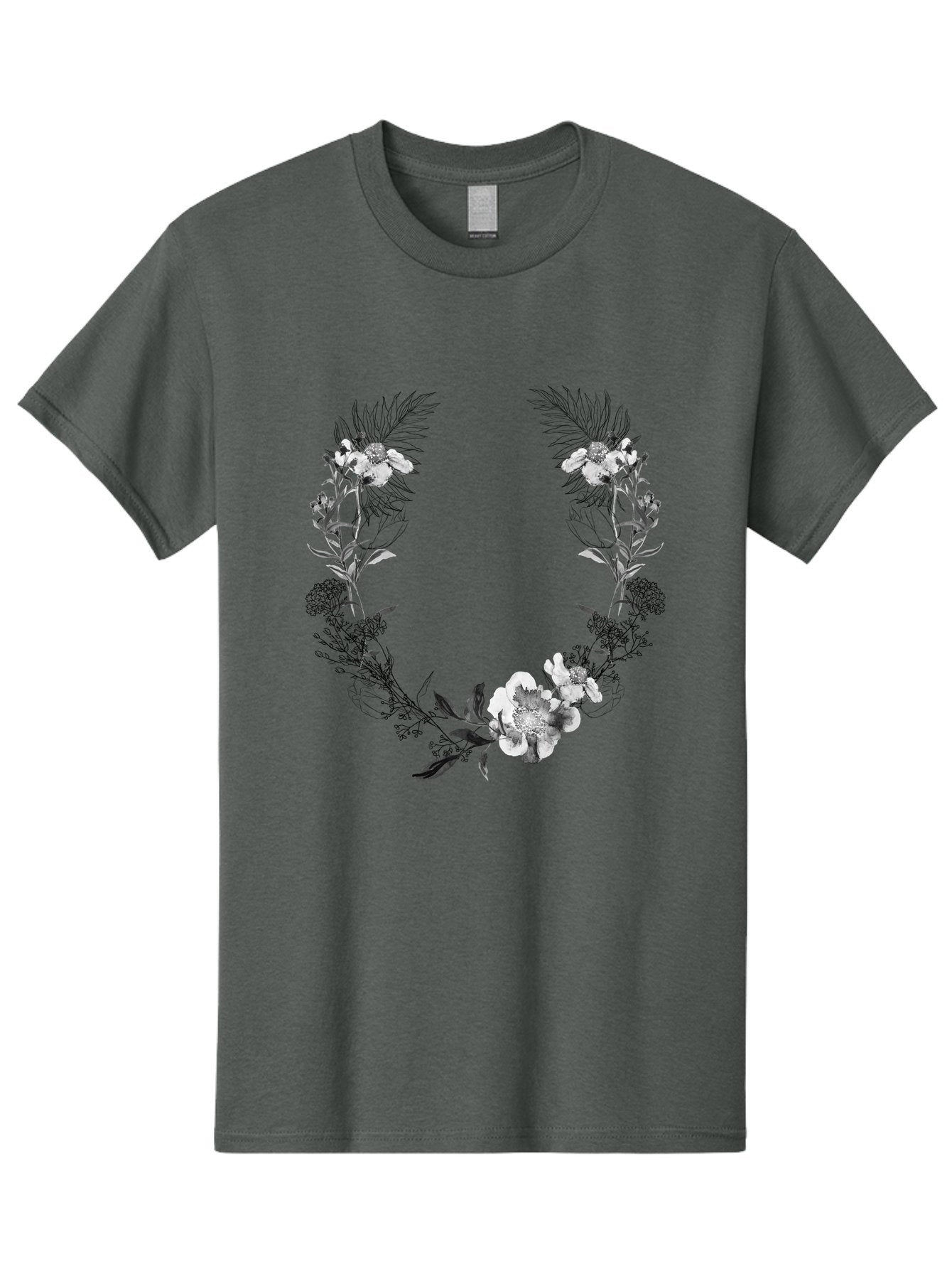 Floral-Wreath-2 Men'S Graphic Tee, 100% Cotton, Comfortable Casual Summer Wear, Machine Washable, Floral Wreath, Flowers And Leaves, Black And White Illustration, Delicate Botanicals, Floral Arrangement, Vintage Style, Elegant Design, Aac310