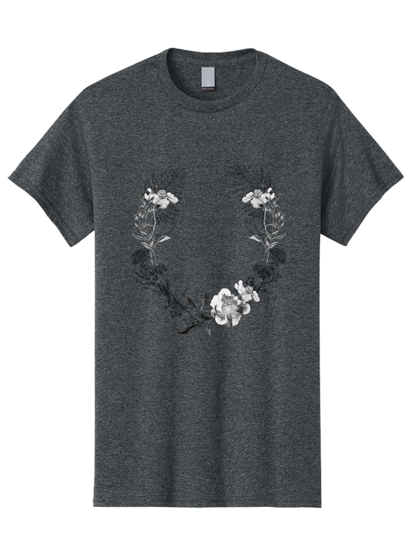 Floral-Wreath-2 Men'S Graphic Tee, 100% Cotton, Comfortable Casual Summer Wear, Machine Washable, Floral Wreath, Flowers And Leaves, Black And White Illustration, Delicate Botanicals, Floral Arrangement, Vintage Style, Elegant Design, Aac310