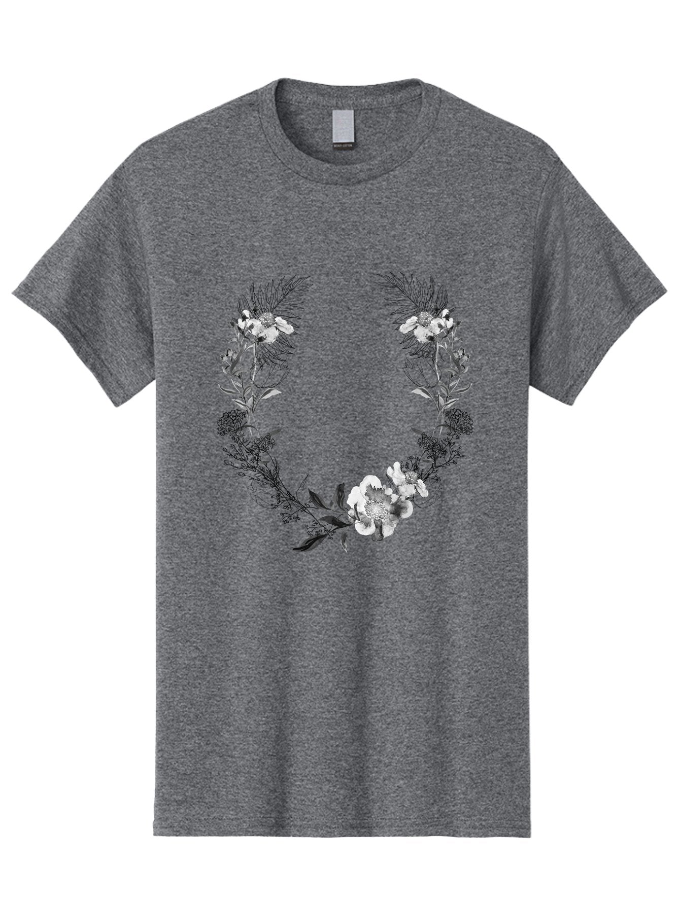 Floral-Wreath-2 Men'S Graphic Tee, 100% Cotton, Comfortable Casual Summer Wear, Machine Washable, Floral Wreath, Flowers And Leaves, Black And White Illustration, Delicate Botanicals, Floral Arrangement, Vintage Style, Elegant Design, Aac310 14