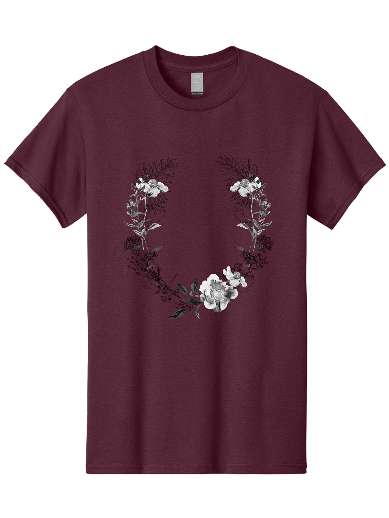 Floral-Wreath-2 Men'S Graphic Tee, 100% Cotton, Comfortable Casual Summer Wear, Machine Washable, Floral Wreath, Flowers And Leaves, Black And White Illustration, Delicate Botanicals, Floral Arrangement, Vintage Style, Elegant Design, Aac310 5