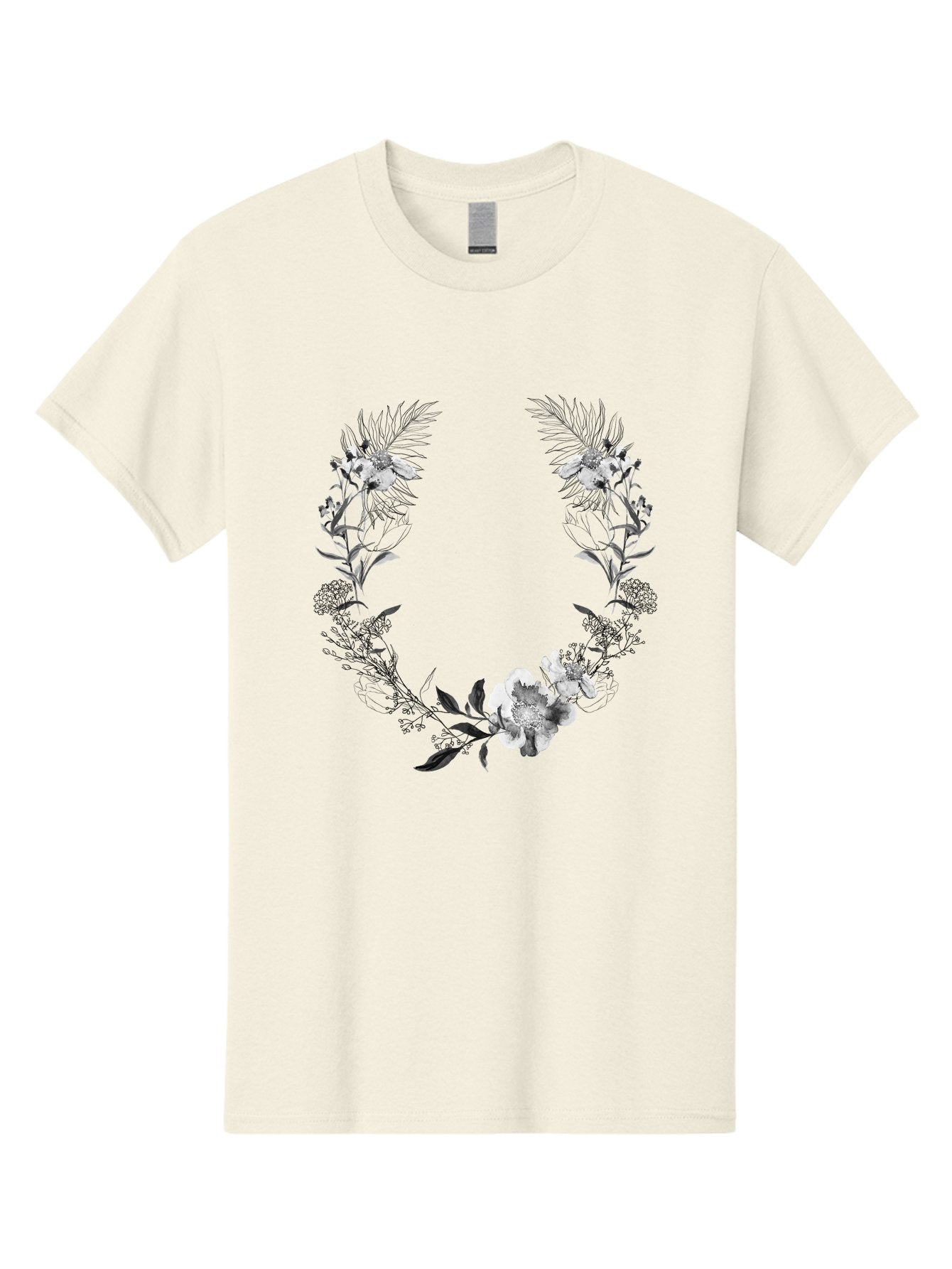 Floral-Wreath-2 Men'S Graphic Tee, 100% Cotton, Comfortable Casual Summer Wear, Machine Washable, Floral Wreath, Flowers And Leaves, Black And White Illustration, Delicate Botanicals, Floral Arrangement, Vintage Style, Elegant Design, Aac310 4