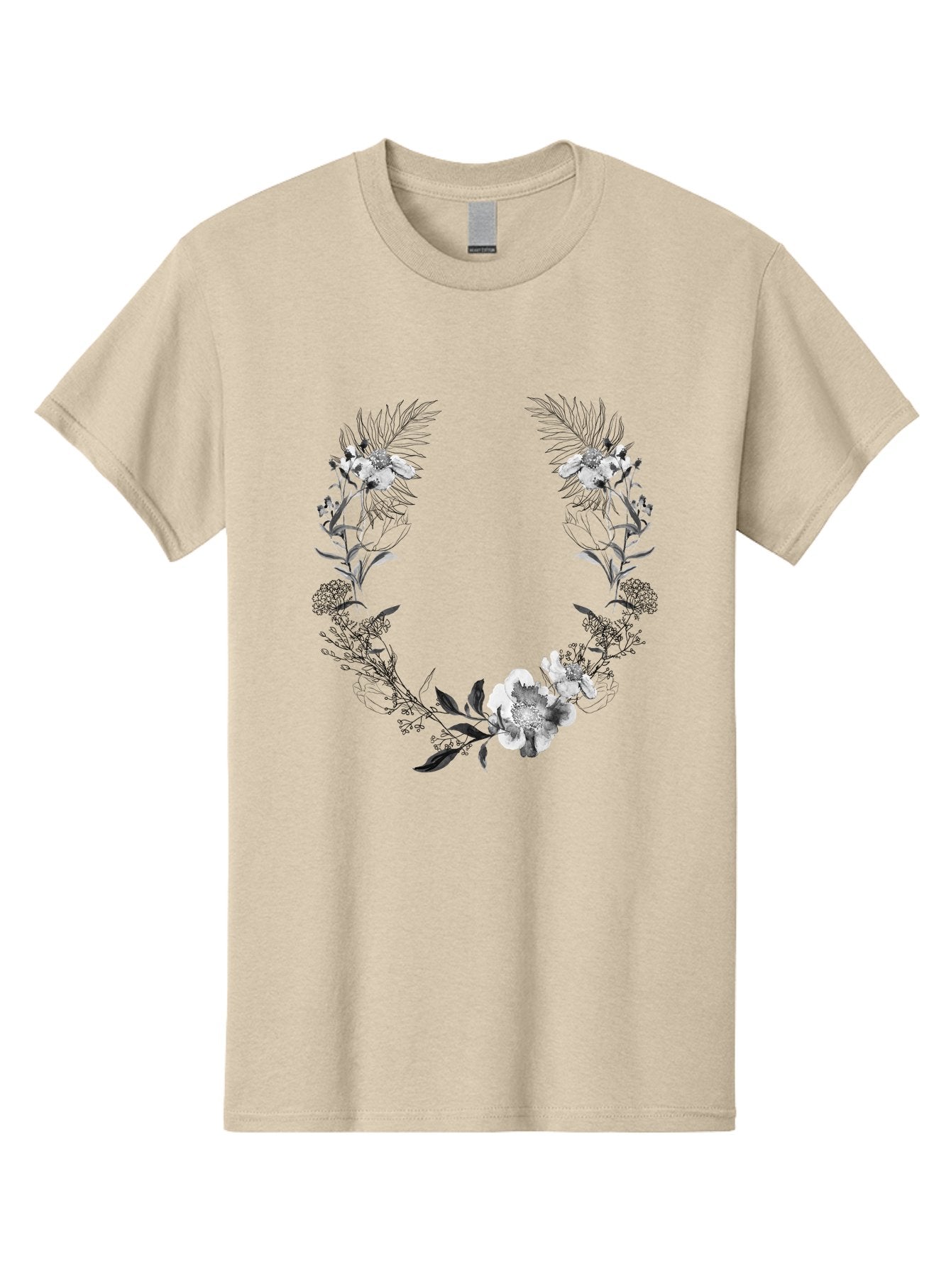 Floral-Wreath-2 Men'S Graphic Tee, 100% Cotton, Comfortable Casual Summer Wear, Machine Washable, Floral Wreath, Flowers And Leaves, Black And White Illustration, Delicate Botanicals, Floral Arrangement, Vintage Style, Elegant Design, Aac310 8