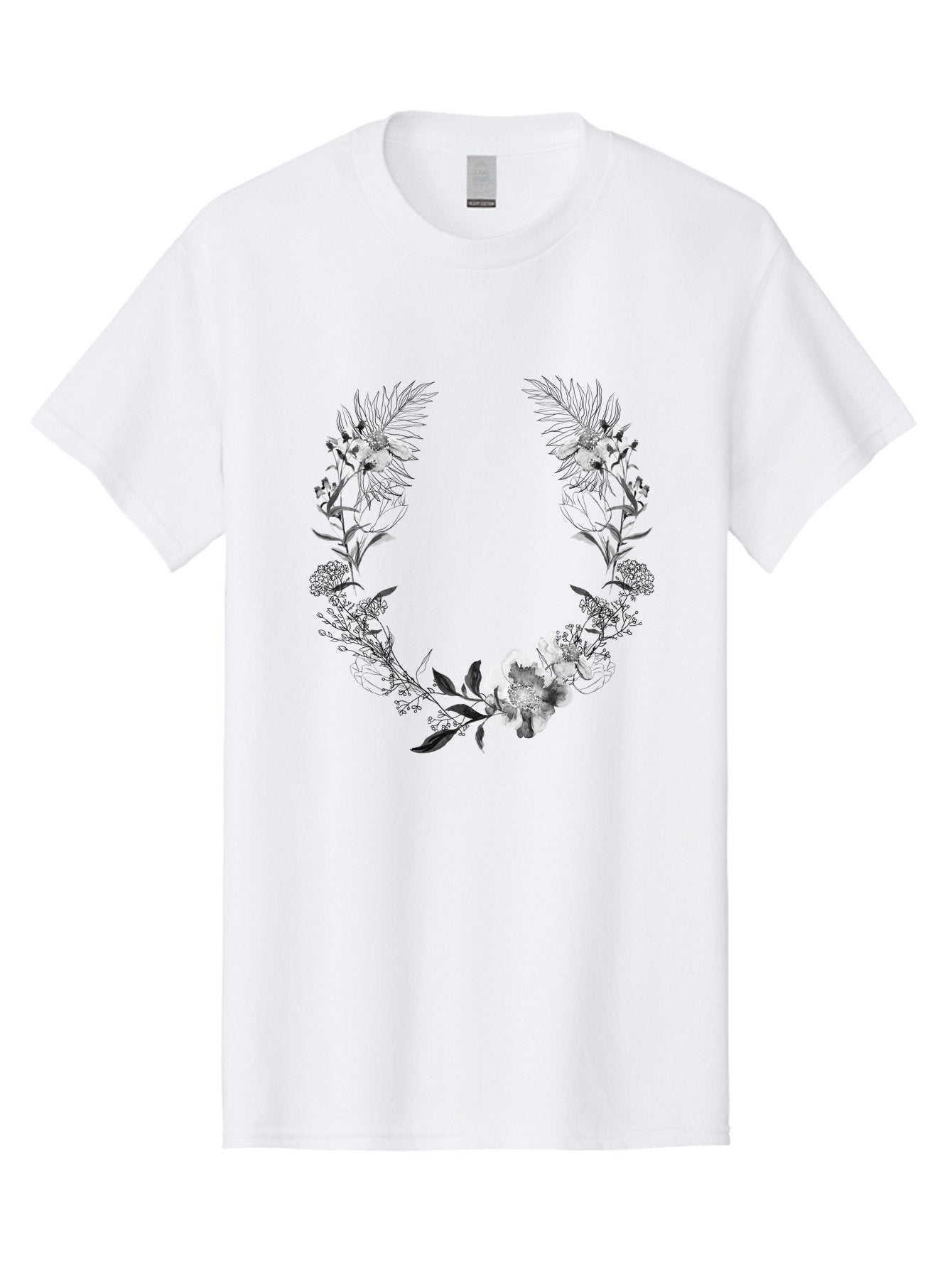 Floral-Wreath-2 Men'S Graphic Tee, 100% Cotton, Comfortable Casual Summer Wear, Machine Washable, Floral Wreath, Flowers And Leaves, Black And White Illustration, Delicate Botanicals, Floral Arrangement, Vintage Style, Elegant Design, Aac310 15