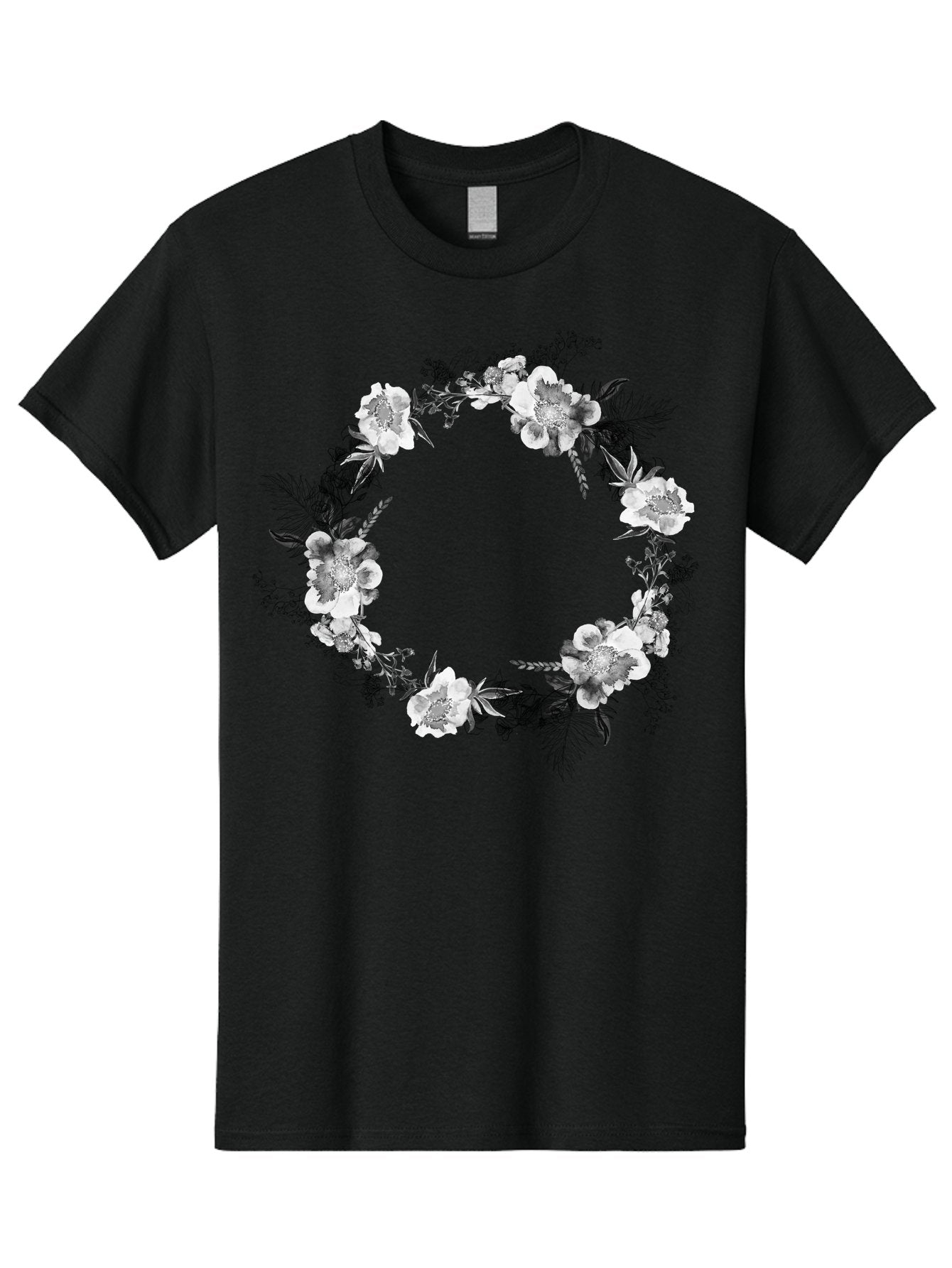 Floral-Wreath Men'S Graphic Tee, 100% Cotton, Comfortable Casual Summer Wear, Machine Washable, Floral Wreath, White Flowers, Black And White Flowers, Foliage, Leaves, Floral Arrangement, Circular Frame, Elegant Design, Delicate Petals, Aac311 11