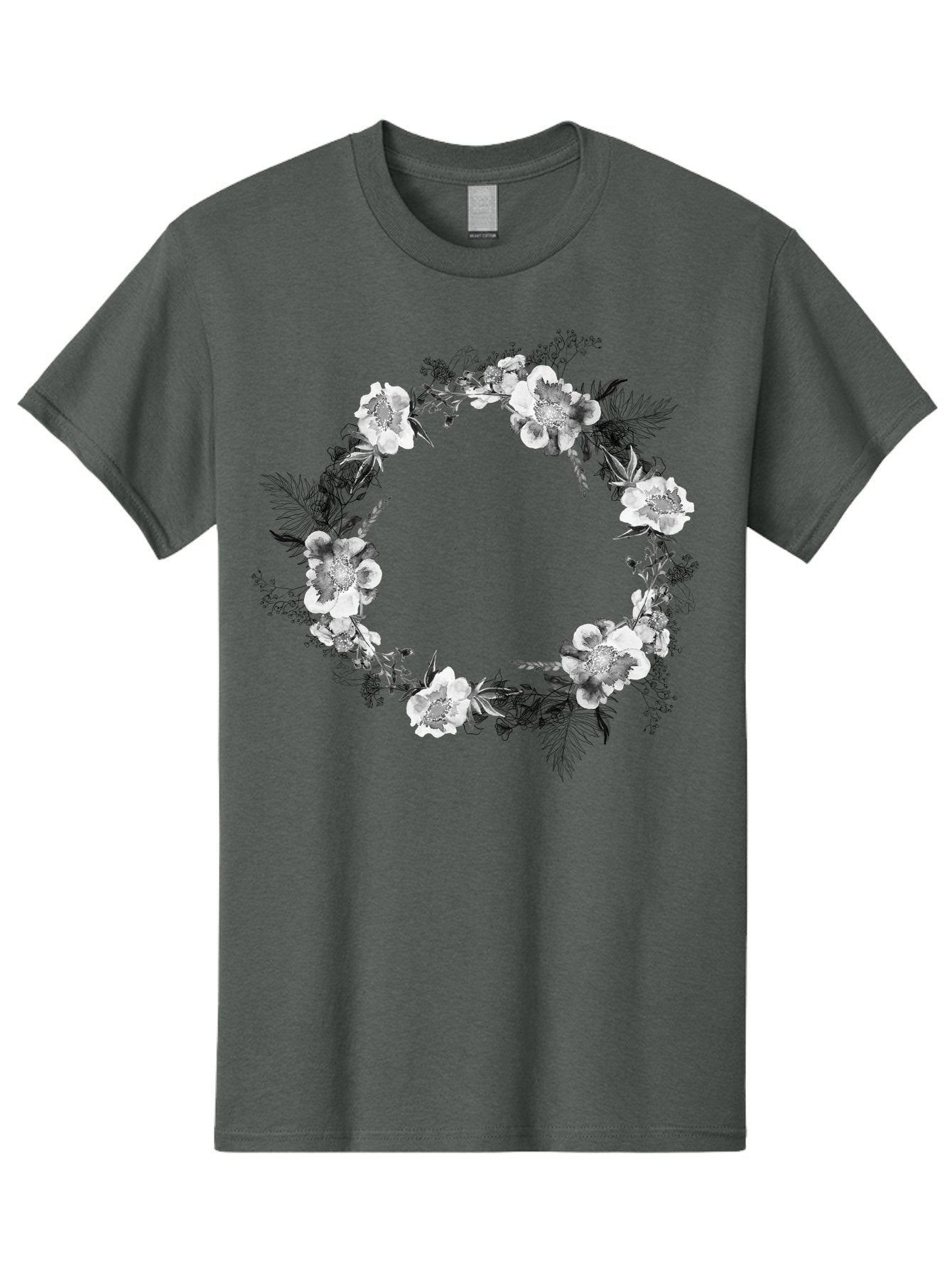 Floral-Wreath Men'S Graphic Tee, 100% Cotton, Comfortable Casual Summer Wear, Machine Washable, Floral Wreath, White Flowers, Black And White Flowers, Foliage, Leaves, Floral Arrangement, Circular Frame, Elegant Design, Delicate Petals, Aac311 9