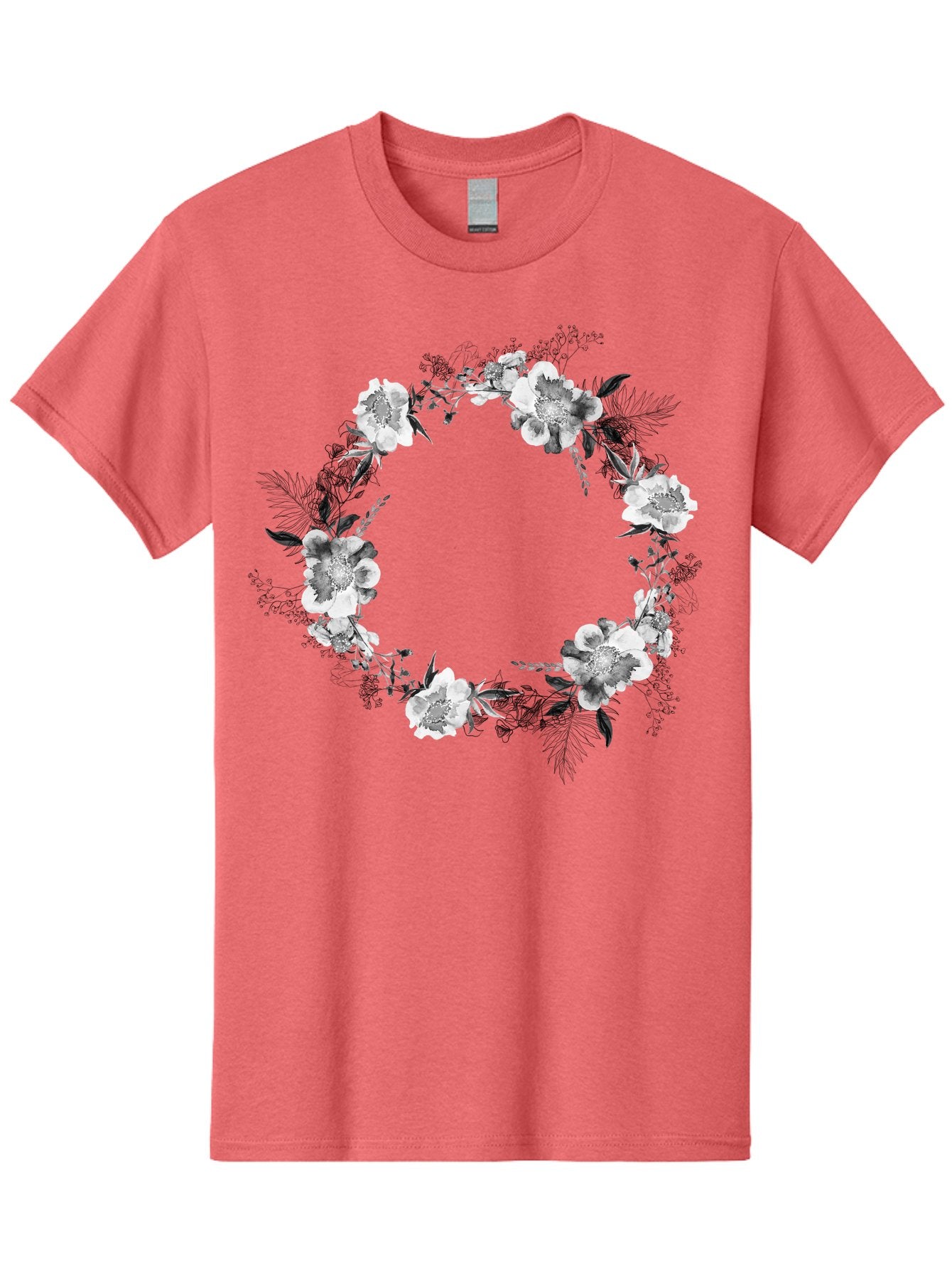 Floral-Wreath Men'S Graphic Tee, 100% Cotton, Comfortable Casual Summer Wear, Machine Washable, Floral Wreath, White Flowers, Black And White Flowers, Foliage, Leaves, Floral Arrangement, Circular Frame, Elegant Design, Delicate Petals, Aac311 5