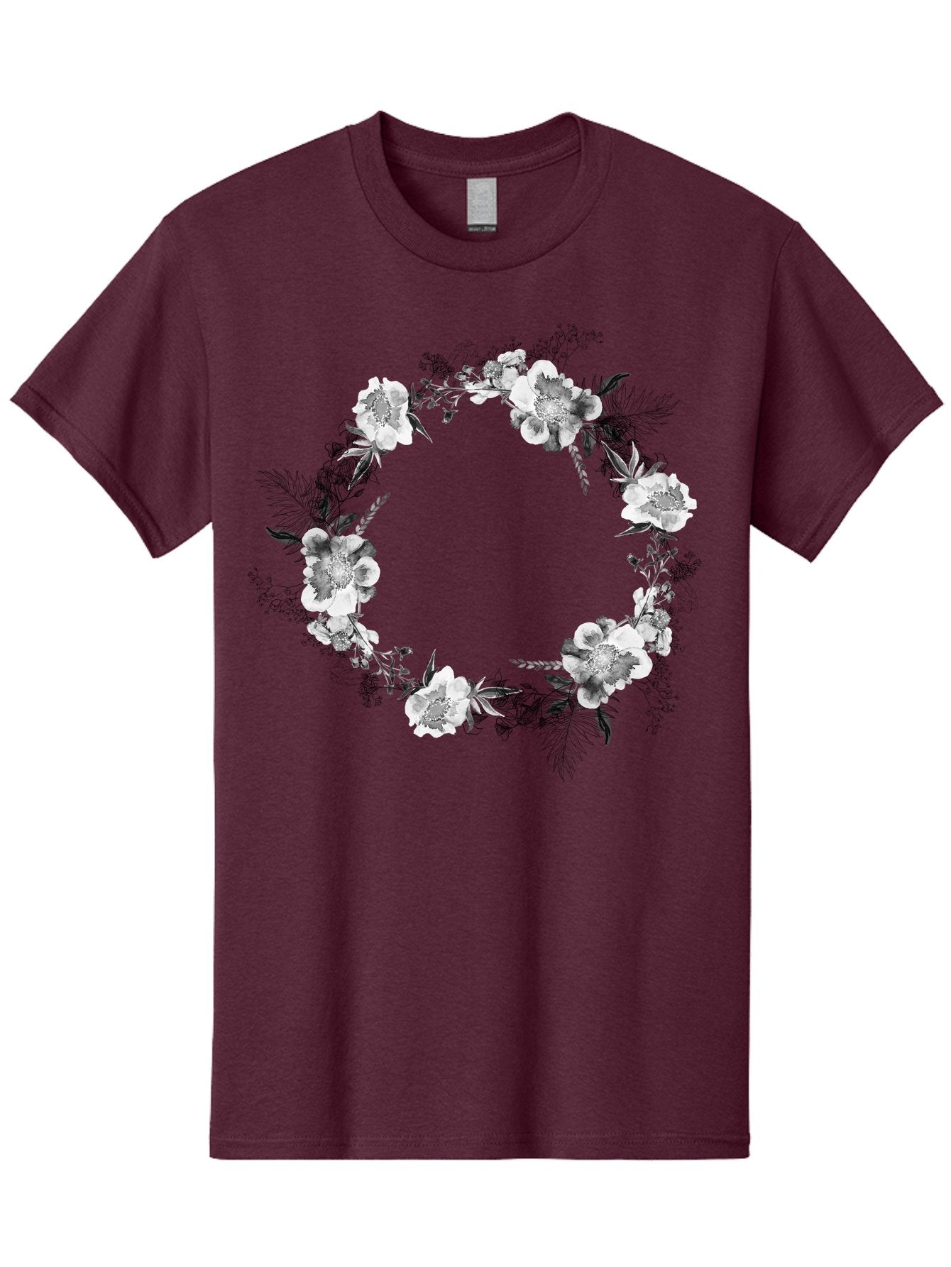 Floral-Wreath Men'S Graphic Tee, 100% Cotton, Comfortable Casual Summer Wear, Machine Washable, Floral Wreath, White Flowers, Black And White Flowers, Foliage, Leaves, Floral Arrangement, Circular Frame, Elegant Design, Delicate Petals, Aac311 14