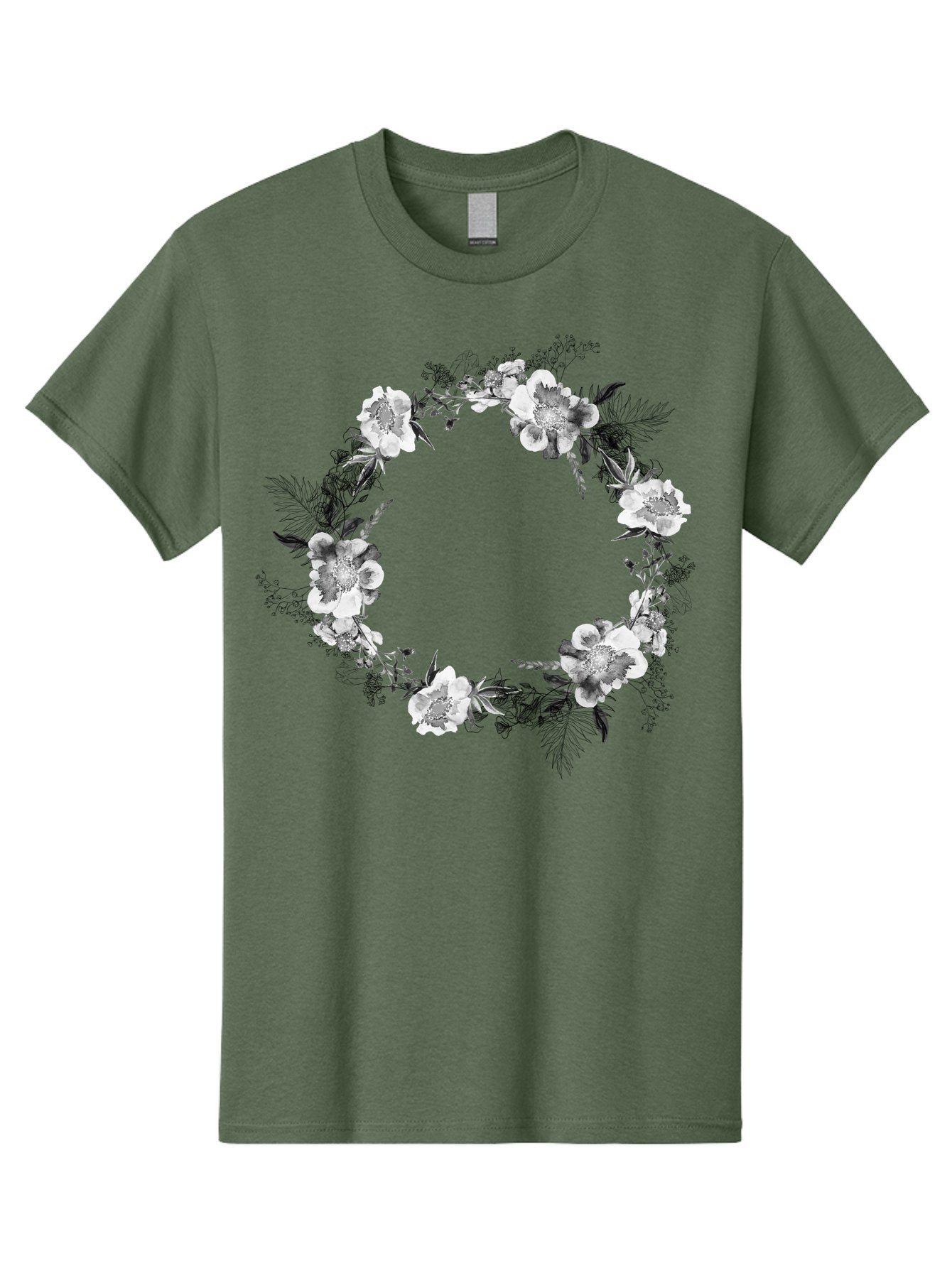 Floral-Wreath Men'S Graphic Tee, 100% Cotton, Comfortable Casual Summer Wear, Machine Washable, Floral Wreath, White Flowers, Black And White Flowers, Foliage, Leaves, Floral Arrangement, Circular Frame, Elegant Design, Delicate Petals, Aac311 15
