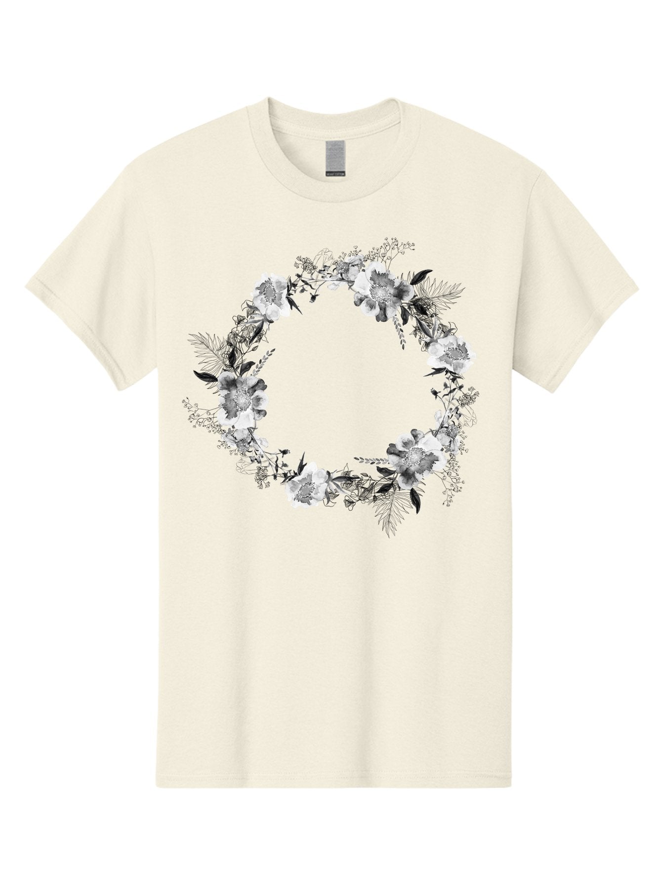Floral-Wreath Men'S Graphic Tee, 100% Cotton, Comfortable Casual Summer Wear, Machine Washable, Floral Wreath, White Flowers, Black And White Flowers, Foliage, Leaves, Floral Arrangement, Circular Frame, Elegant Design, Delicate Petals, Aac311 4