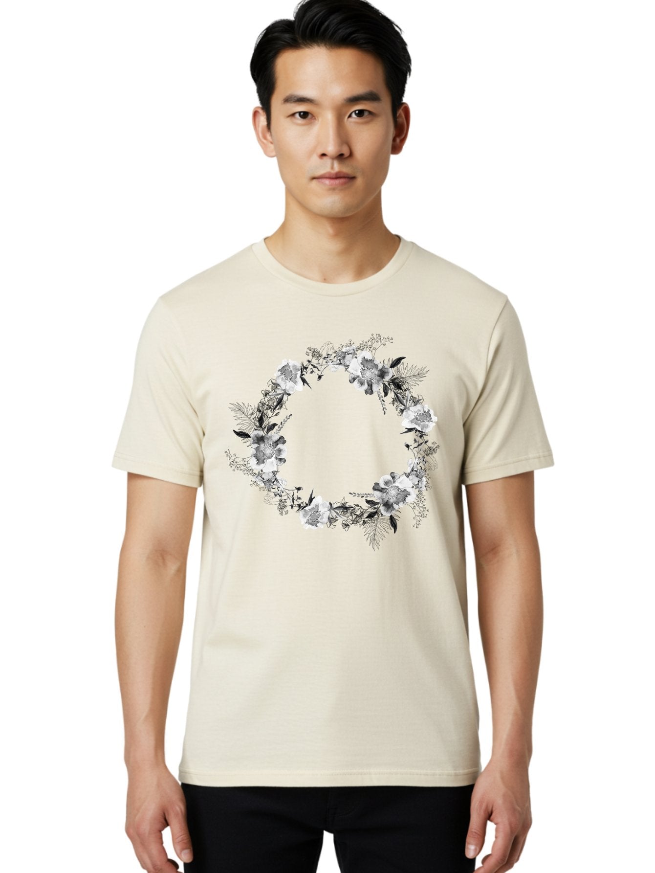 Floral-Wreath Men'S Graphic Tee, 100% Cotton, Comfortable Casual Summer Wear, Machine Washable, Floral Wreath, White Flowers, Black And White Flowers, Foliage, Leaves, Floral Arrangement, Circular Frame, Elegant Design, Delicate Petals, Aac311 18