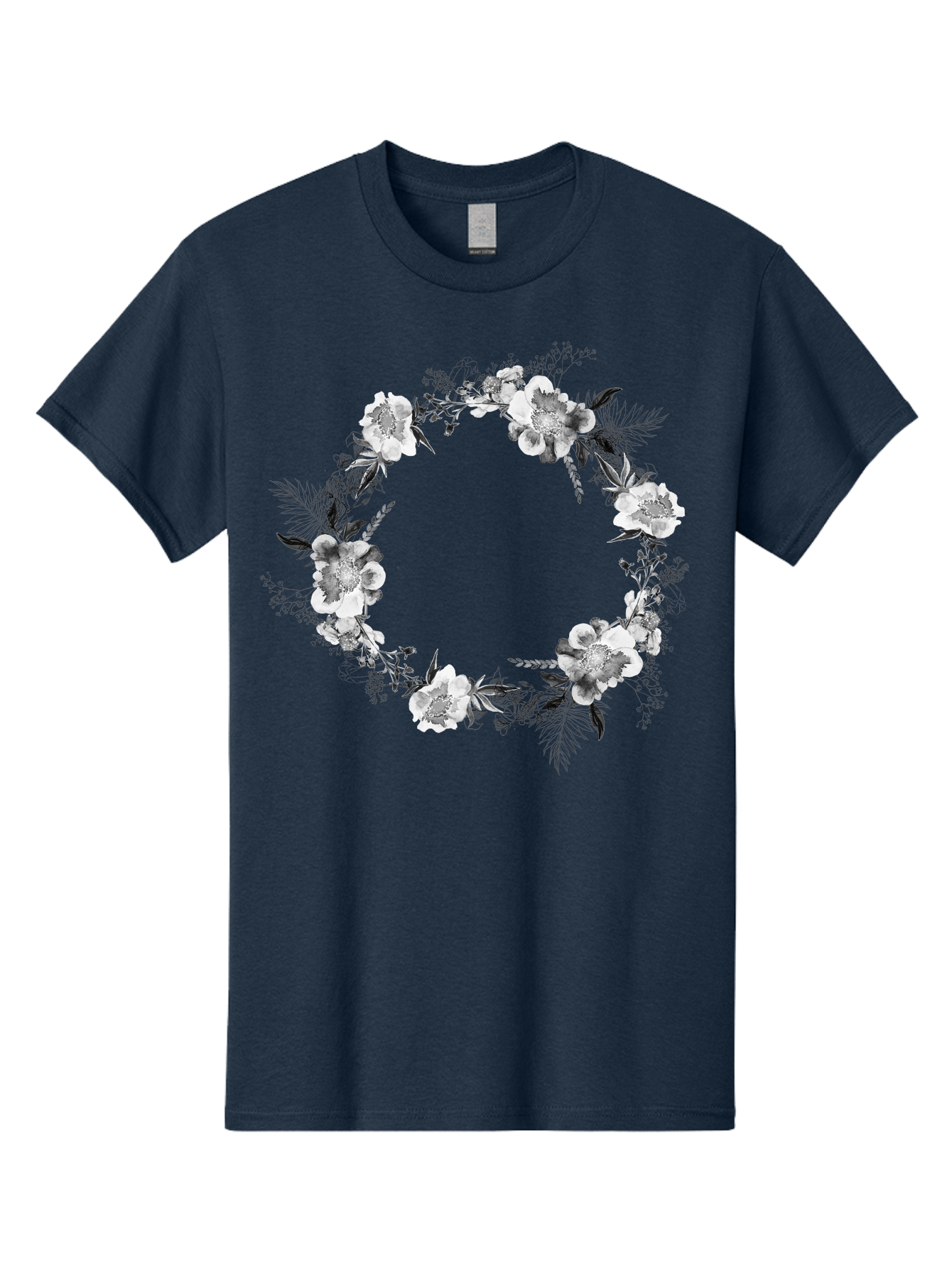 Floral-Wreath Men'S Graphic Tee, 100% Cotton, Comfortable Casual Summer Wear, Machine Washable, Floral Wreath, White Flowers, Black And White Flowers, Foliage, Leaves, Floral Arrangement, Circular Frame, Elegant Design, Delicate Petals, Aac311 21