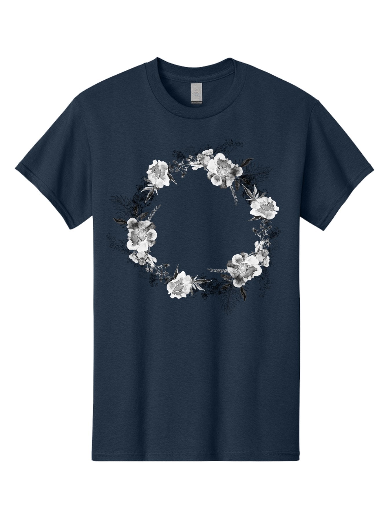 Floral-Wreath Men'S Graphic Tee, 100% Cotton, Comfortable Casual Summer Wear, Machine Washable, Floral Wreath, White Flowers, Black And White Flowers, Foliage, Leaves, Floral Arrangement, Circular Frame, Elegant Design, Delicate Petals, Aac311