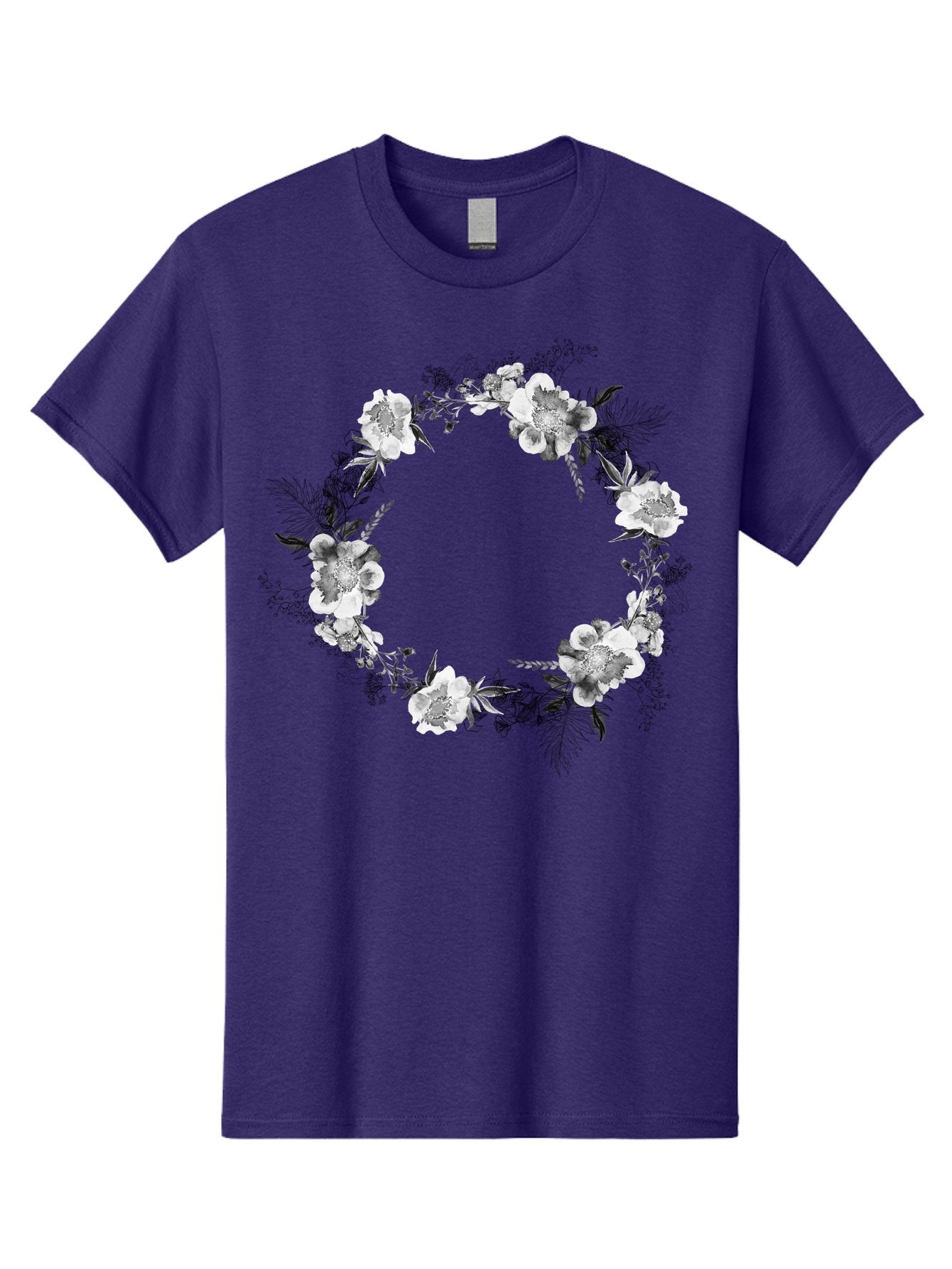 Floral-Wreath Men'S Graphic Tee, 100% Cotton, Comfortable Casual Summer Wear, Machine Washable, Floral Wreath, White Flowers, Black And White Flowers, Foliage, Leaves, Floral Arrangement, Circular Frame, Elegant Design, Delicate Petals, Aac311 8