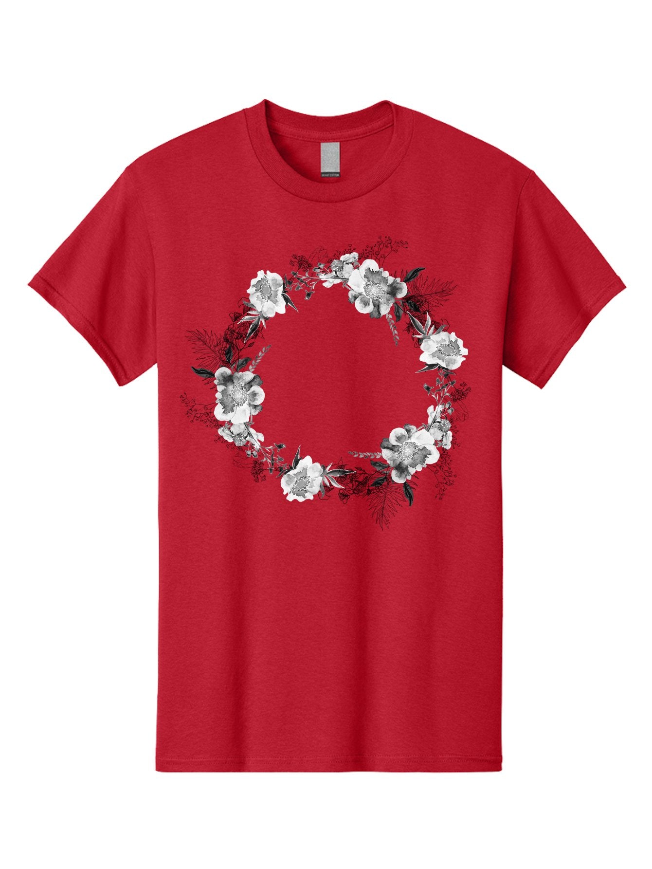 Floral-Wreath Men'S Graphic Tee, 100% Cotton, Comfortable Casual Summer Wear, Machine Washable, Floral Wreath, White Flowers, Black And White Flowers, Foliage, Leaves, Floral Arrangement, Circular Frame, Elegant Design, Delicate Petals, Aac311 6