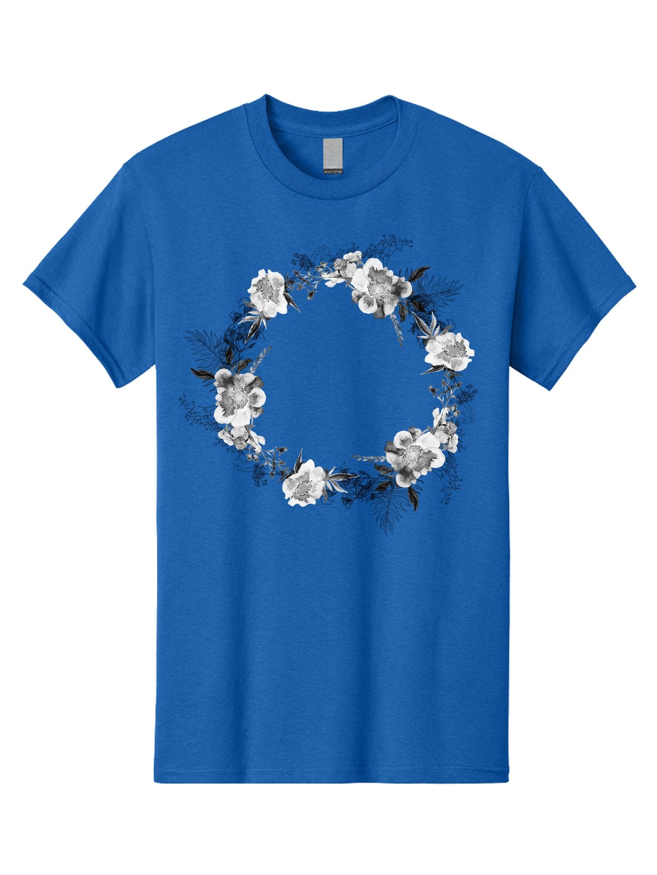 Floral-Wreath Men'S Graphic Tee, 100% Cotton, Comfortable Casual Summer Wear, Machine Washable, Floral Wreath, White Flowers, Black And White Flowers, Foliage, Leaves, Floral Arrangement, Circular Frame, Elegant Design, Delicate Petals, Aac311 13