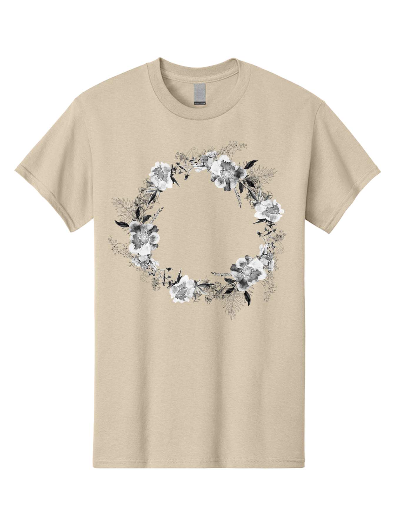 Floral-Wreath Men'S Graphic Tee, 100% Cotton, Comfortable Casual Summer Wear, Machine Washable, Floral Wreath, White Flowers, Black And White Flowers, Foliage, Leaves, Floral Arrangement, Circular Frame, Elegant Design, Delicate Petals, Aac311 27