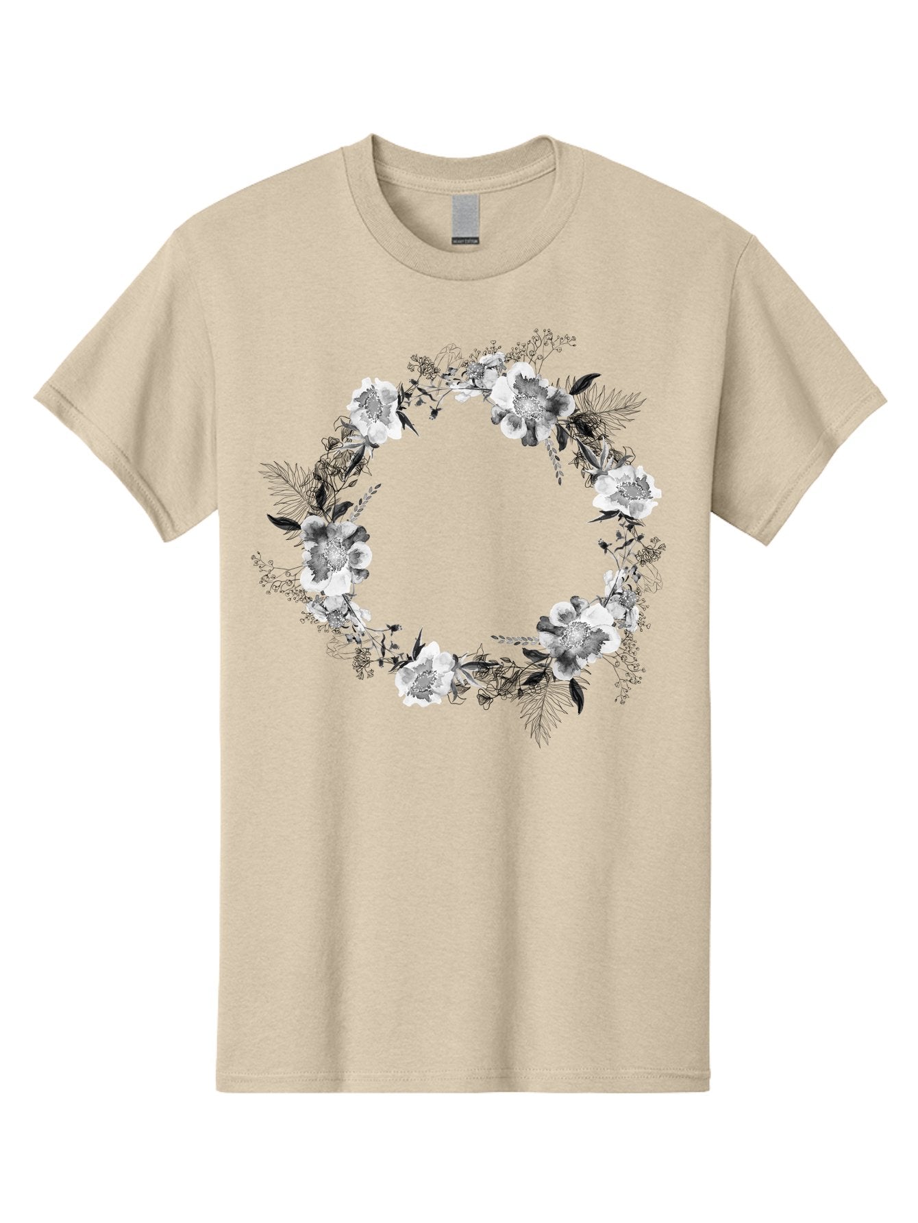 Floral-Wreath Men'S Graphic Tee, 100% Cotton, Comfortable Casual Summer Wear, Machine Washable, Floral Wreath, White Flowers, Black And White Flowers, Foliage, Leaves, Floral Arrangement, Circular Frame, Elegant Design, Delicate Petals, Aac311 10