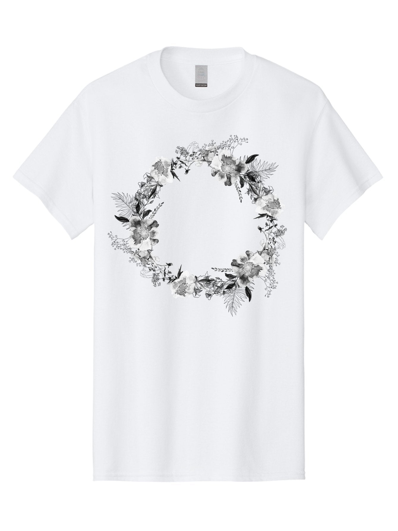 Floral-Wreath Men'S Graphic Tee, 100% Cotton, Comfortable Casual Summer Wear, Machine Washable, Floral Wreath, White Flowers, Black And White Flowers, Foliage, Leaves, Floral Arrangement, Circular Frame, Elegant Design, Delicate Petals, Aac311 12