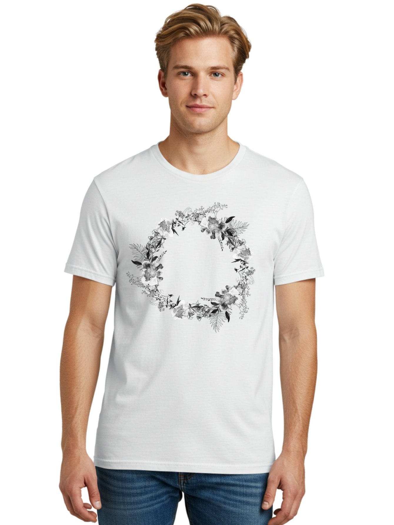 Floral-Wreath Men'S Graphic Tee, 100% Cotton, Comfortable Casual Summer Wear, Machine Washable, Floral Wreath, White Flowers, Black And White Flowers, Foliage, Leaves, Floral Arrangement, Circular Frame, Elegant Design, Delicate Petals, Aac311 28