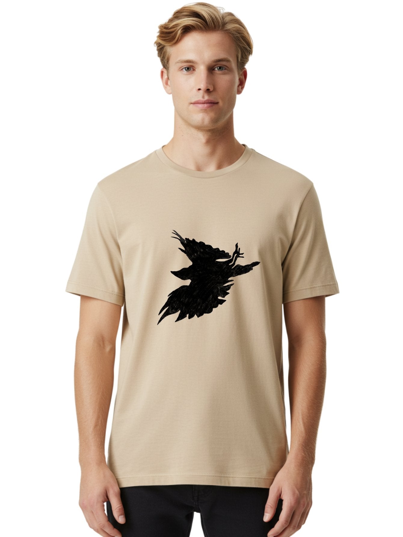 Flying-Bird-1 Men'S Graphic Tee, 100% Cotton, Comfortable Casual Summer Wear, Machine Washable, Black Bird In Flight, Silhouette, Abstract Art, Bird In Mid-Air, Wings Spread, Mysterious Creature, Dynamic Pose, Flying Bird, Dark Shape, Aac314 26