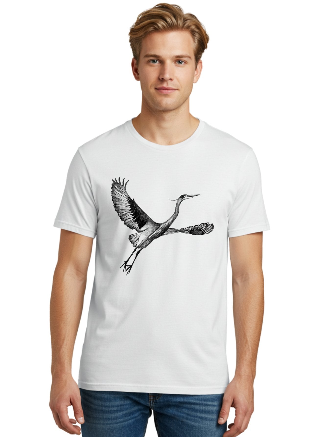 Flying-Crane Men'S Graphic Tee, 100% Cotton, Comfortable Casual Summer Wear, Machine Washable, Crane, Bird, Flying, Wildlife, Free Bird, Natural Elegance, Majestic Wings, Flying Crane, Dynamic Pose, Serene Atmosphere, Wild Bird Aac316 23