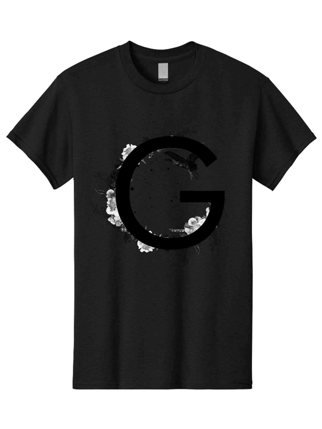 G Men'S Graphic Tee, 100% Cotton, Comfortable Casual Summer Wear, Machine Washable, Large Letter G, Floral Wreath, Black And White Flowers, Foliage, Bird In Flight, Splattered Paint, Modern Typography, Bold Font, Artistic Design, Aac318 7