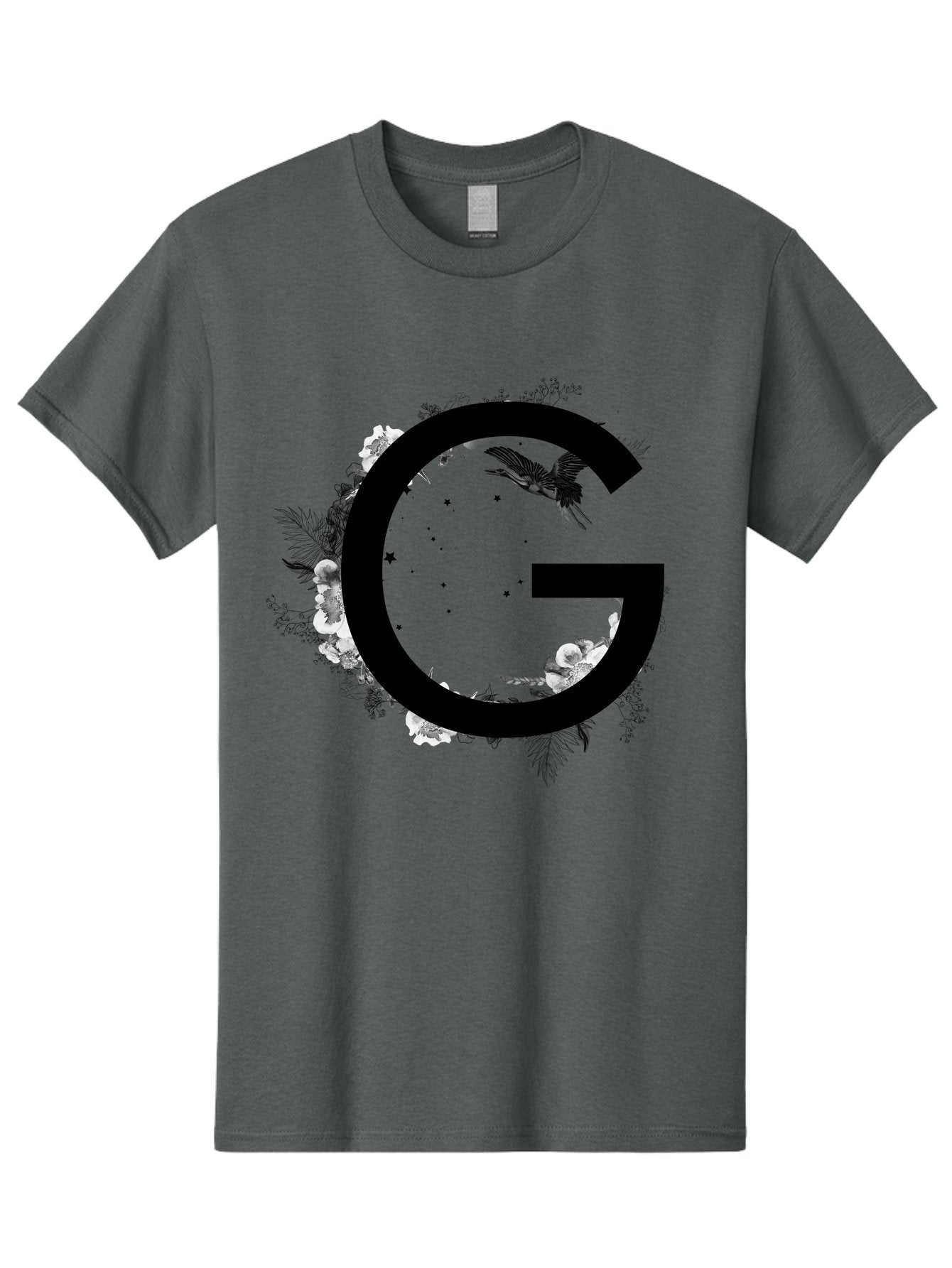 G Men'S Graphic Tee, 100% Cotton, Comfortable Casual Summer Wear, Machine Washable, Large Letter G, Floral Wreath, Black And White Flowers, Foliage, Bird In Flight, Splattered Paint, Modern Typography, Bold Font, Artistic Design, Aac318