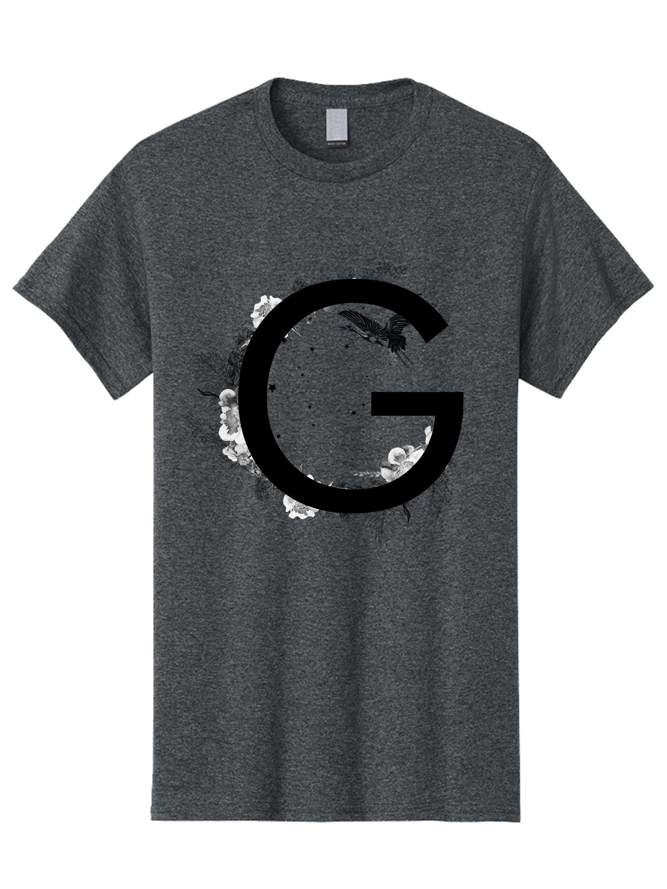 G Men'S Graphic Tee, 100% Cotton, Comfortable Casual Summer Wear, Machine Washable, Large Letter G, Floral Wreath, Black And White Flowers, Foliage, Bird In Flight, Splattered Paint, Modern Typography, Bold Font, Artistic Design, Aac318 12