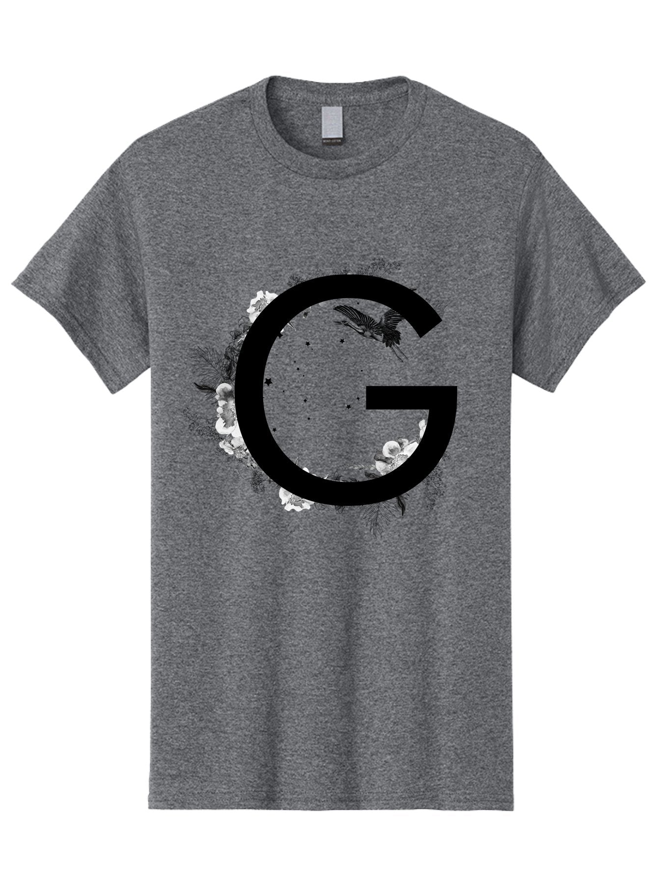 G Men'S Graphic Tee, 100% Cotton, Comfortable Casual Summer Wear, Machine Washable, Large Letter G, Floral Wreath, Black And White Flowers, Foliage, Bird In Flight, Splattered Paint, Modern Typography, Bold Font, Artistic Design, Aac318 14