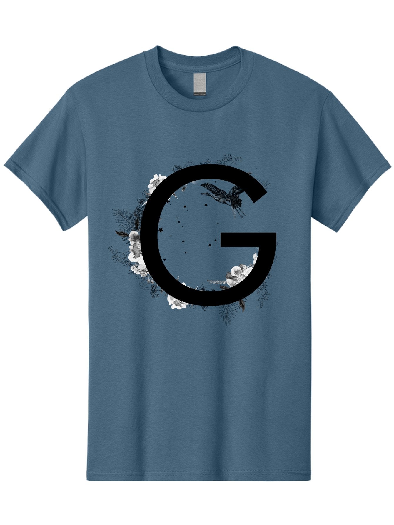 G Men'S Graphic Tee, 100% Cotton, Comfortable Casual Summer Wear, Machine Washable, Large Letter G, Floral Wreath, Black And White Flowers, Foliage, Bird In Flight, Splattered Paint, Modern Typography, Bold Font, Artistic Design, Aac318 8