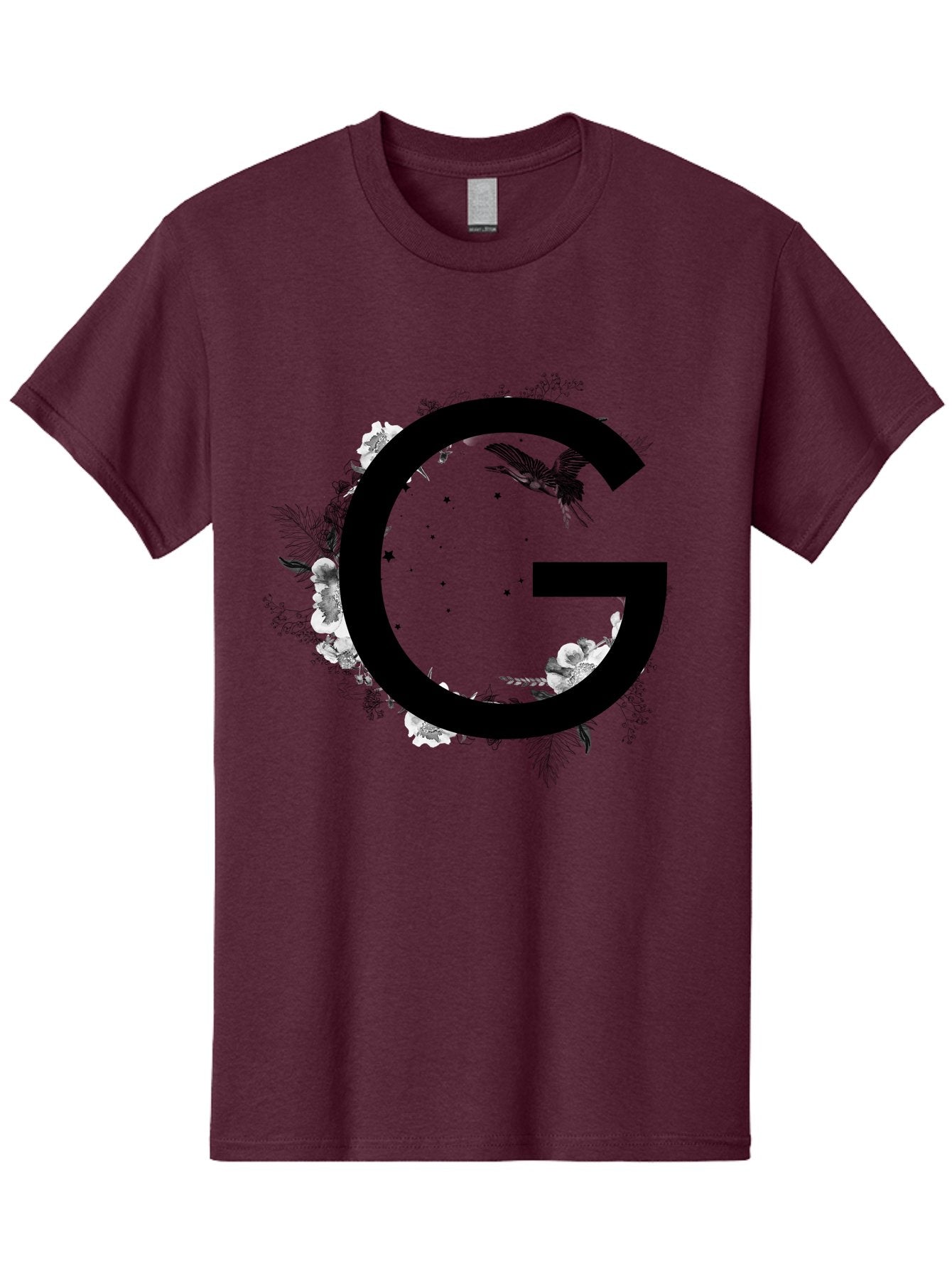 G Men'S Graphic Tee, 100% Cotton, Comfortable Casual Summer Wear, Machine Washable, Large Letter G, Floral Wreath, Black And White Flowers, Foliage, Bird In Flight, Splattered Paint, Modern Typography, Bold Font, Artistic Design, Aac318 5