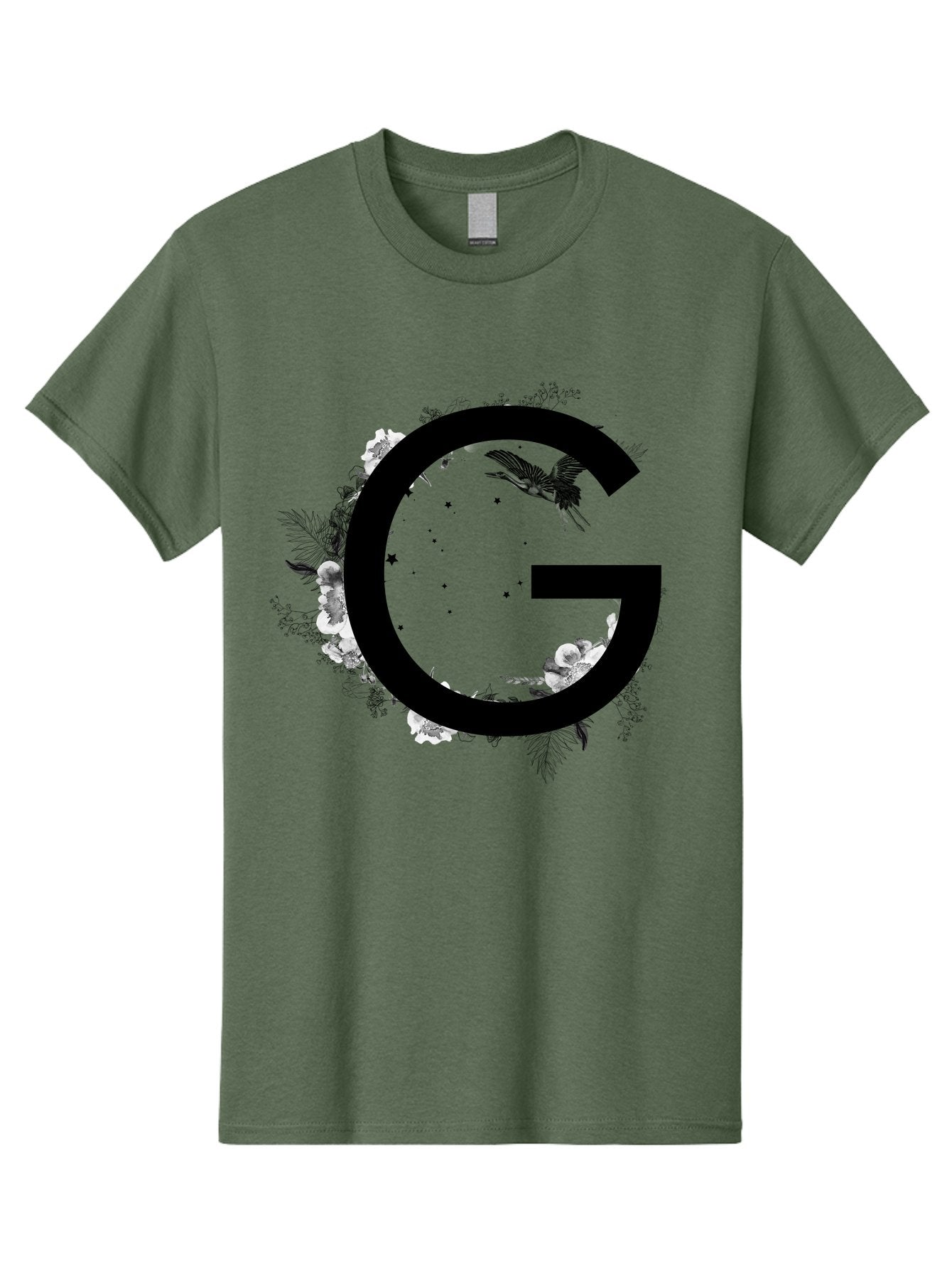 G Men'S Graphic Tee, 100% Cotton, Comfortable Casual Summer Wear, Machine Washable, Large Letter G, Floral Wreath, Black And White Flowers, Foliage, Bird In Flight, Splattered Paint, Modern Typography, Bold Font, Artistic Design, Aac318 6