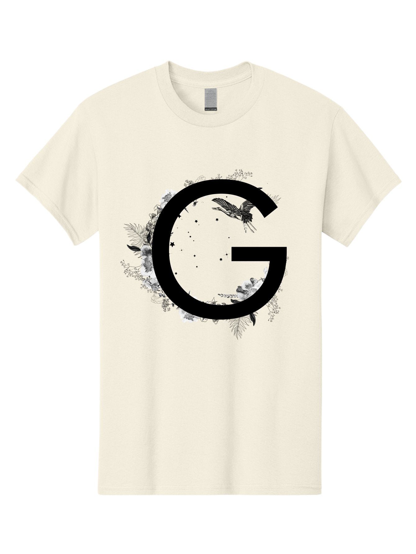 G Men'S Graphic Tee, 100% Cotton, Comfortable Casual Summer Wear, Machine Washable, Large Letter G, Floral Wreath, Black And White Flowers, Foliage, Bird In Flight, Splattered Paint, Modern Typography, Bold Font, Artistic Design, Aac318 11