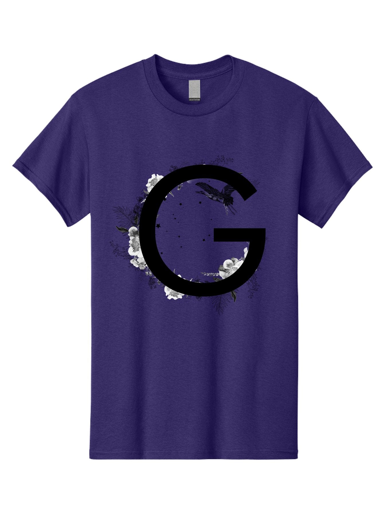 G Men'S Graphic Tee, 100% Cotton, Comfortable Casual Summer Wear, Machine Washable, Large Letter G, Floral Wreath, Black And White Flowers, Foliage, Bird In Flight, Splattered Paint, Modern Typography, Bold Font, Artistic Design, Aac318 3