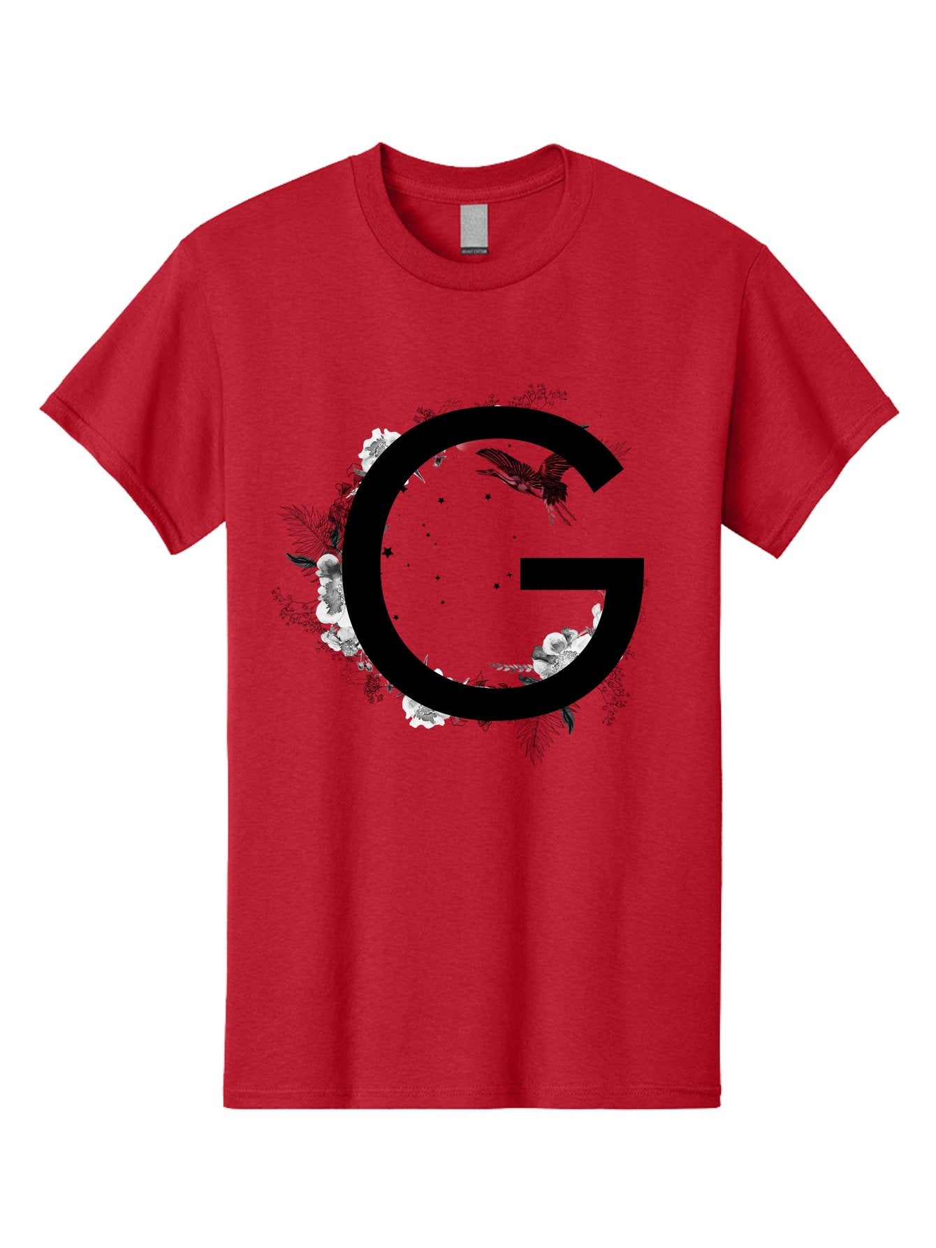 G Men'S Graphic Tee, 100% Cotton, Comfortable Casual Summer Wear, Machine Washable, Large Letter G, Floral Wreath, Black And White Flowers, Foliage, Bird In Flight, Splattered Paint, Modern Typography, Bold Font, Artistic Design, Aac318 10