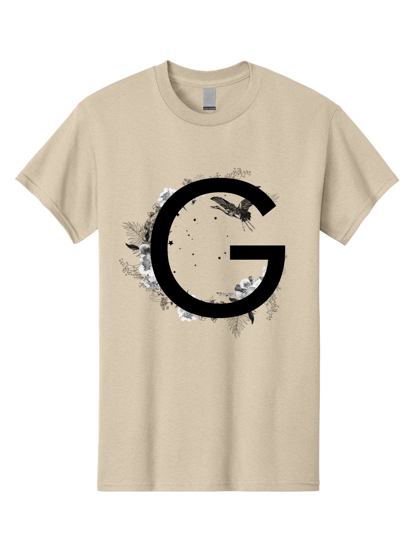 G Men'S Graphic Tee, 100% Cotton, Comfortable Casual Summer Wear, Machine Washable, Large Letter G, Floral Wreath, Black And White Flowers, Foliage, Bird In Flight, Splattered Paint, Modern Typography, Bold Font, Artistic Design, Aac318