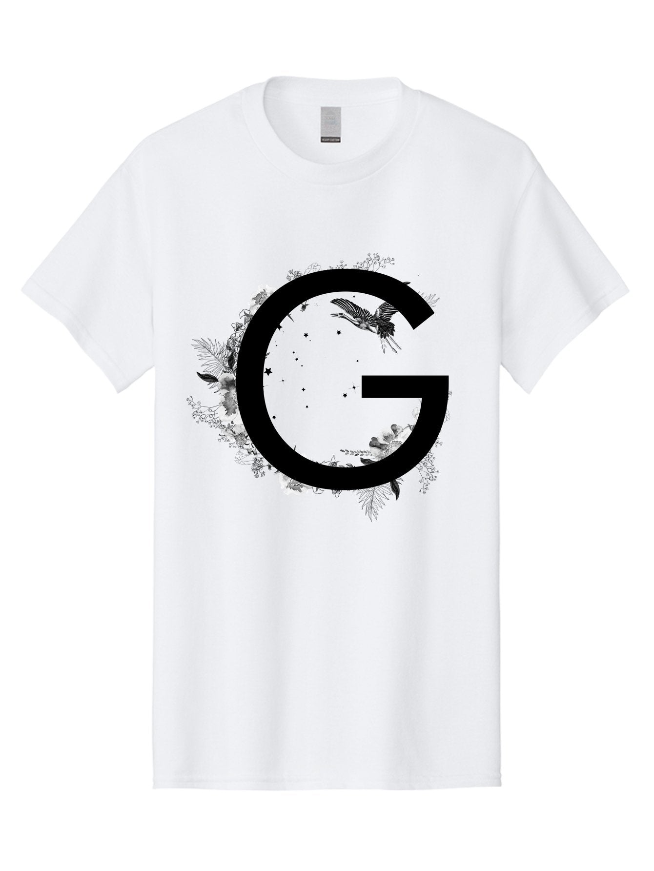 G Men'S Graphic Tee, 100% Cotton, Comfortable Casual Summer Wear, Machine Washable, Large Letter G, Floral Wreath, Black And White Flowers, Foliage, Bird In Flight, Splattered Paint, Modern Typography, Bold Font, Artistic Design, Aac318 13