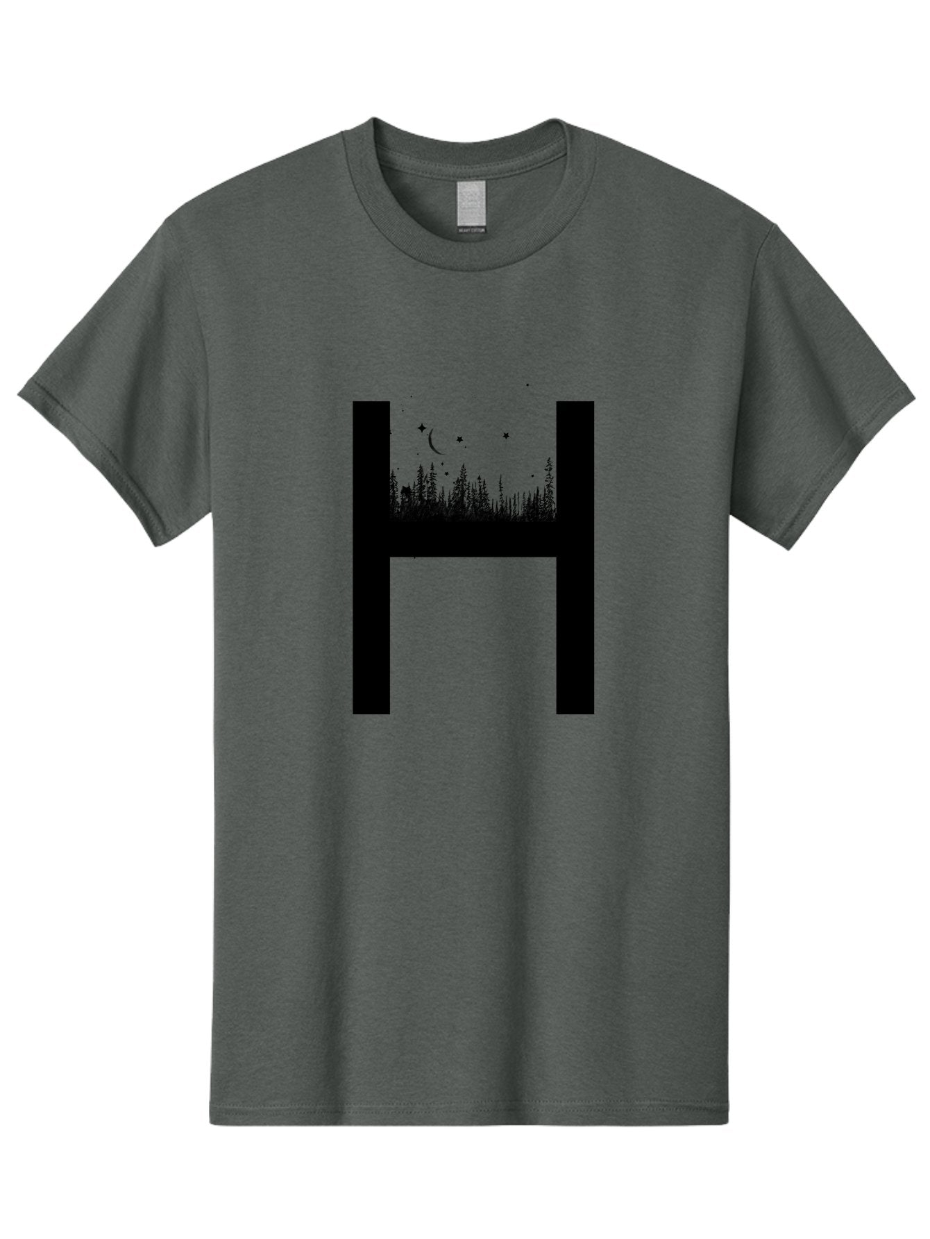 H Men'S Graphic Tee, 100% Cotton, Comfortable Casual Summer Wear, Machine Washable, Forest Landscape, Moonlit Night, Starry Sky, Mystical Atmosphere, Silhouette Art, Typography Design, Nighttime Scenery Aac319