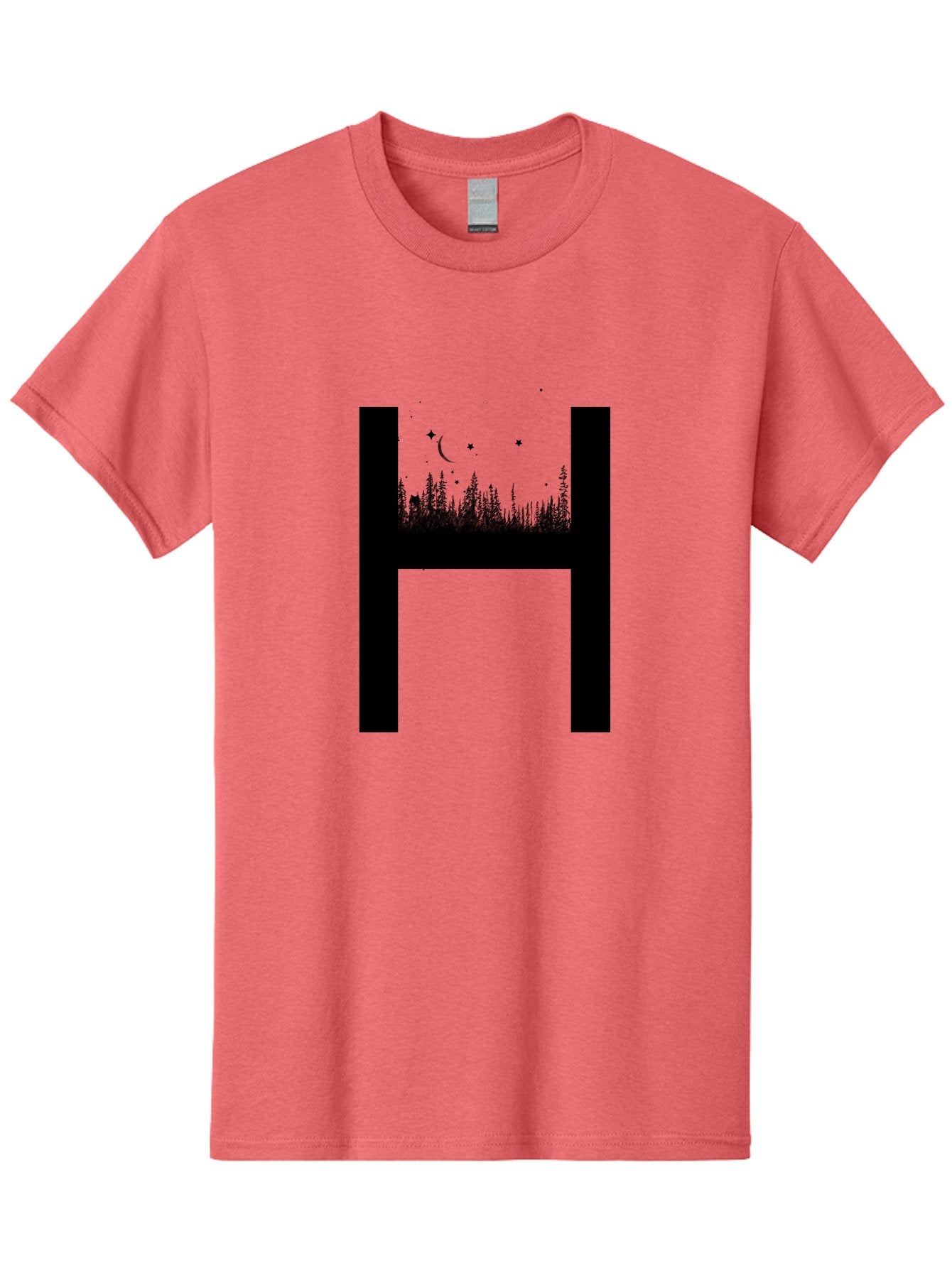 H Men'S Graphic Tee, 100% Cotton, Comfortable Casual Summer Wear, Machine Washable, Forest Landscape, Moonlit Night, Starry Sky, Mystical Atmosphere, Silhouette Art, Typography Design, Nighttime Scenery Aac319 9