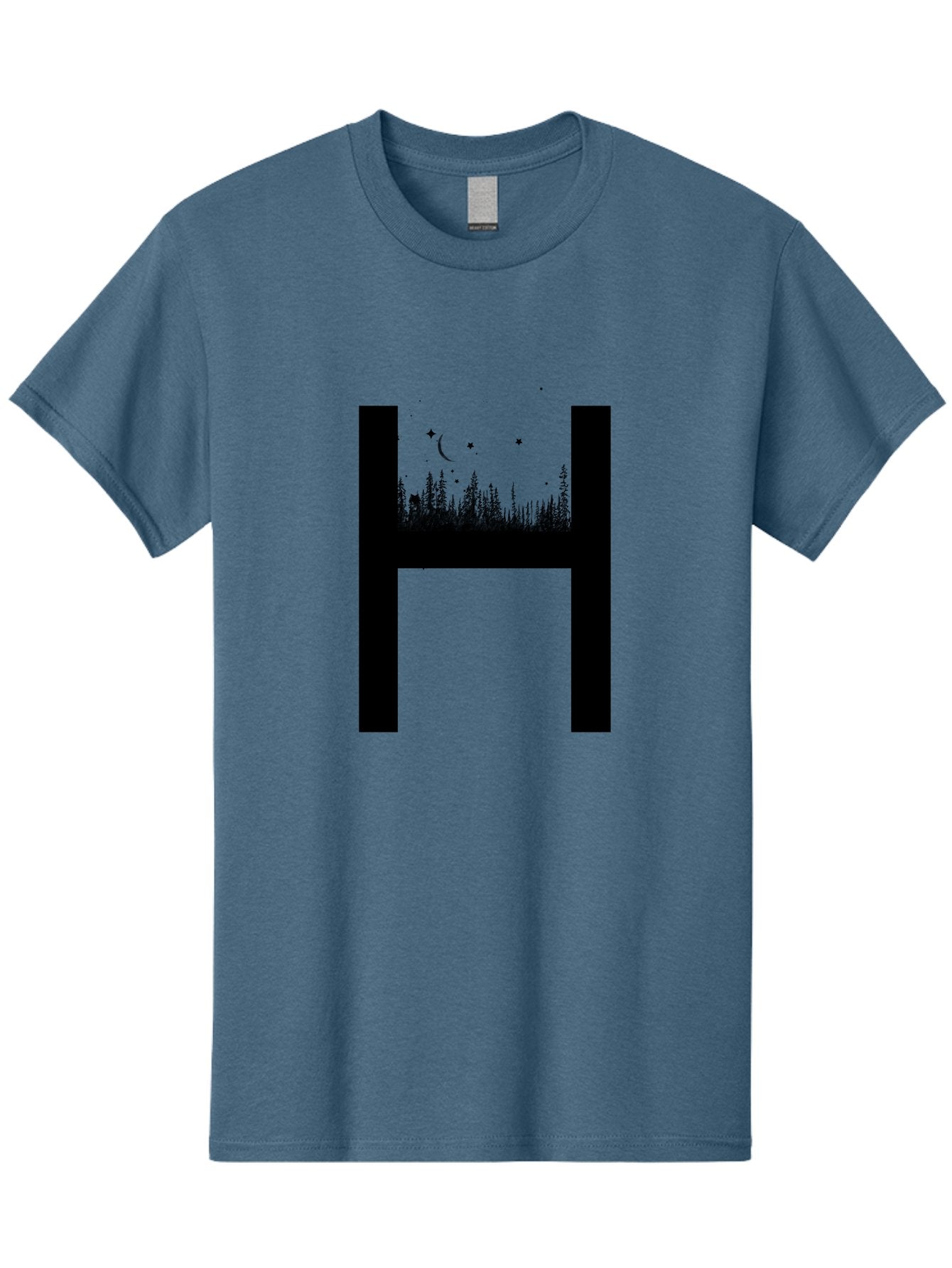 H Men'S Graphic Tee, 100% Cotton, Comfortable Casual Summer Wear, Machine Washable, Forest Landscape, Moonlit Night, Starry Sky, Mystical Atmosphere, Silhouette Art, Typography Design, Nighttime Scenery Aac319