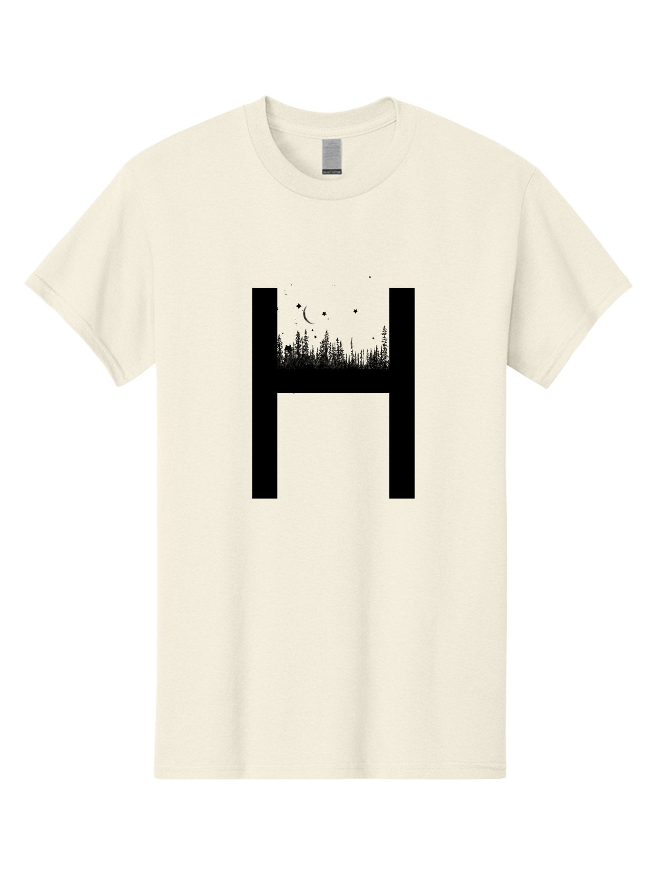 H Men'S Graphic Tee, 100% Cotton, Comfortable Casual Summer Wear, Machine Washable, Forest Landscape, Moonlit Night, Starry Sky, Mystical Atmosphere, Silhouette Art, Typography Design, Nighttime Scenery Aac319 11