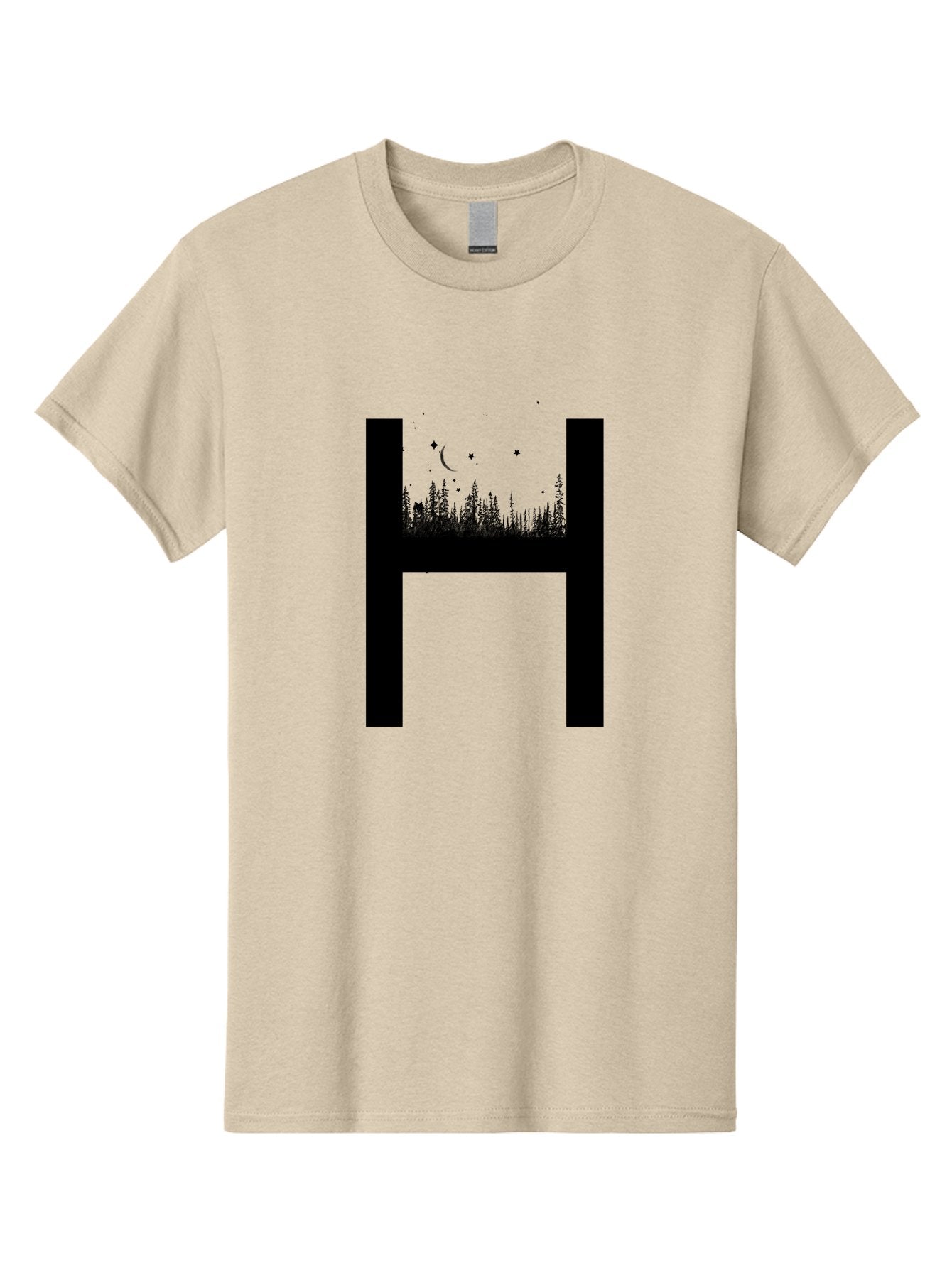 H Men'S Graphic Tee, 100% Cotton, Comfortable Casual Summer Wear, Machine Washable, Forest Landscape, Moonlit Night, Starry Sky, Mystical Atmosphere, Silhouette Art, Typography Design, Nighttime Scenery Aac319 5