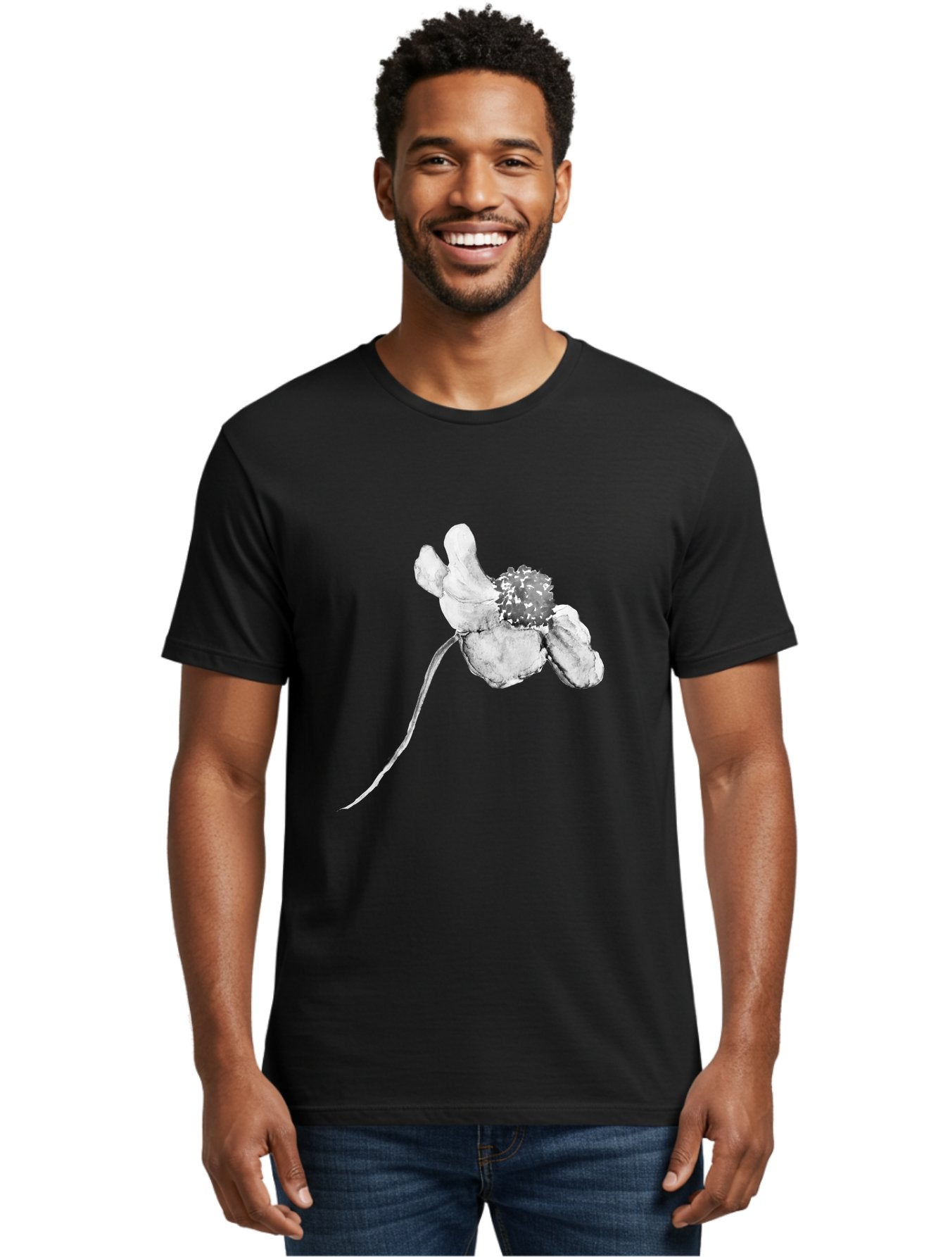 Hand-Drawn-Mouse Men'S Graphic Tee, 100% Cotton, Comfortable Casual Summer Wear, Machine Washable, White Flower, Minimalist Design, Simple Graphics, Digital Illustration, Flower Graphic, Elegant, Modern Art, Clean Lines, Abstract Flower Aac320 23
