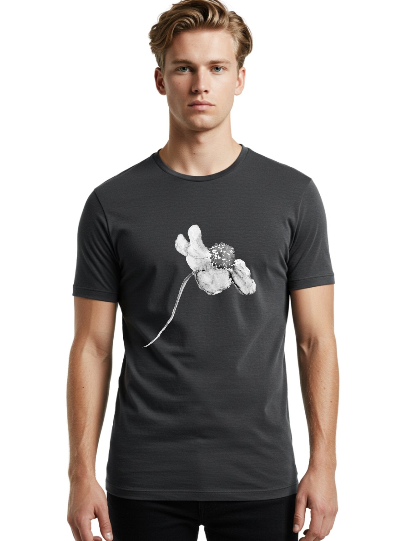 Hand-Drawn-Mouse Men'S Graphic Tee, 100% Cotton, Comfortable Casual Summer Wear, Machine Washable, White Flower, Minimalist Design, Simple Graphics, Digital Illustration, Flower Graphic, Elegant, Modern Art, Clean Lines, Abstract Flower Aac320 25