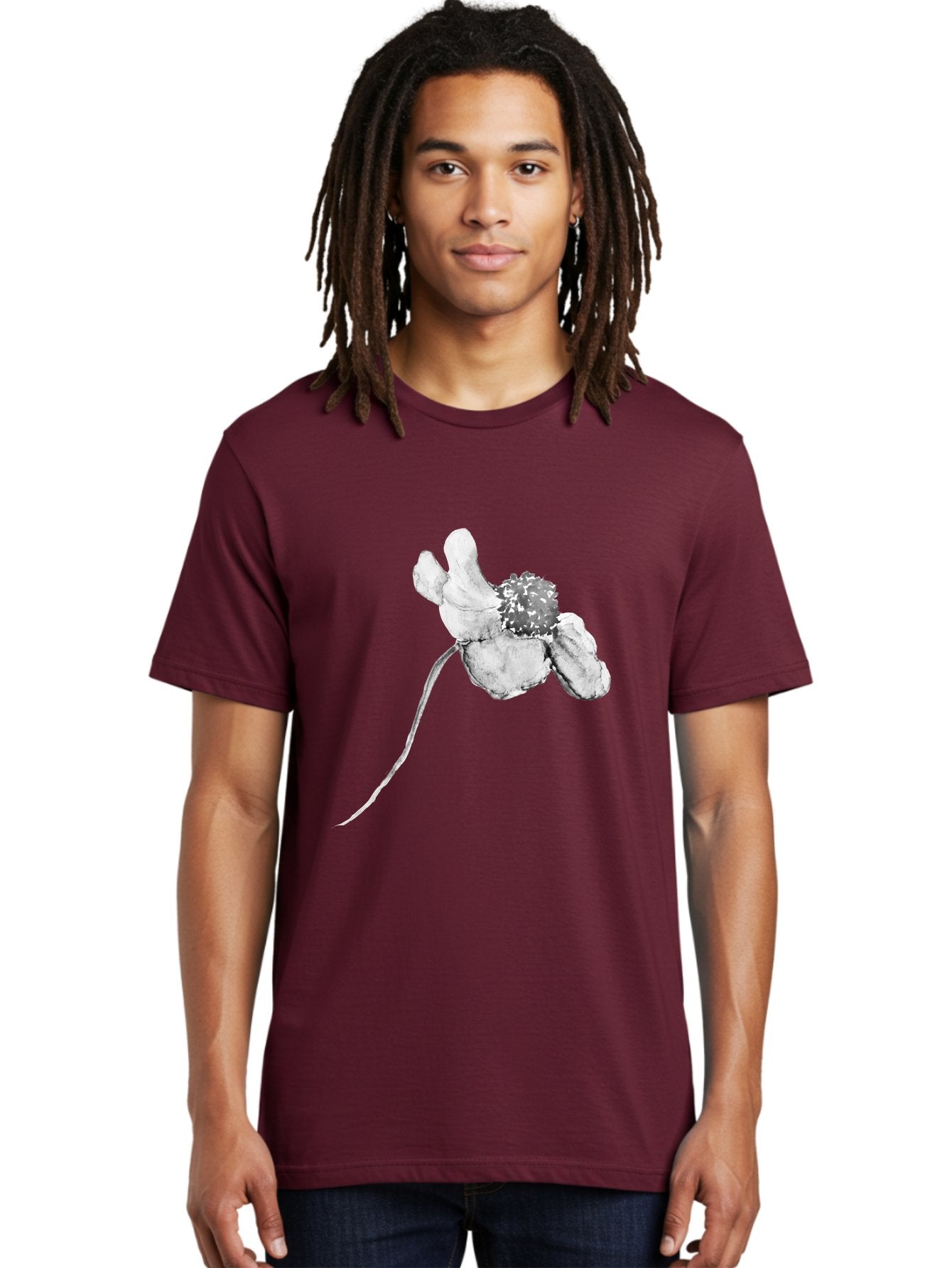 Hand-Drawn-Mouse Men'S Graphic Tee, 100% Cotton, Comfortable Casual Summer Wear, Machine Washable, White Flower, Minimalist Design, Simple Graphics, Digital Illustration, Flower Graphic, Elegant, Modern Art, Clean Lines, Abstract Flower Aac320 20